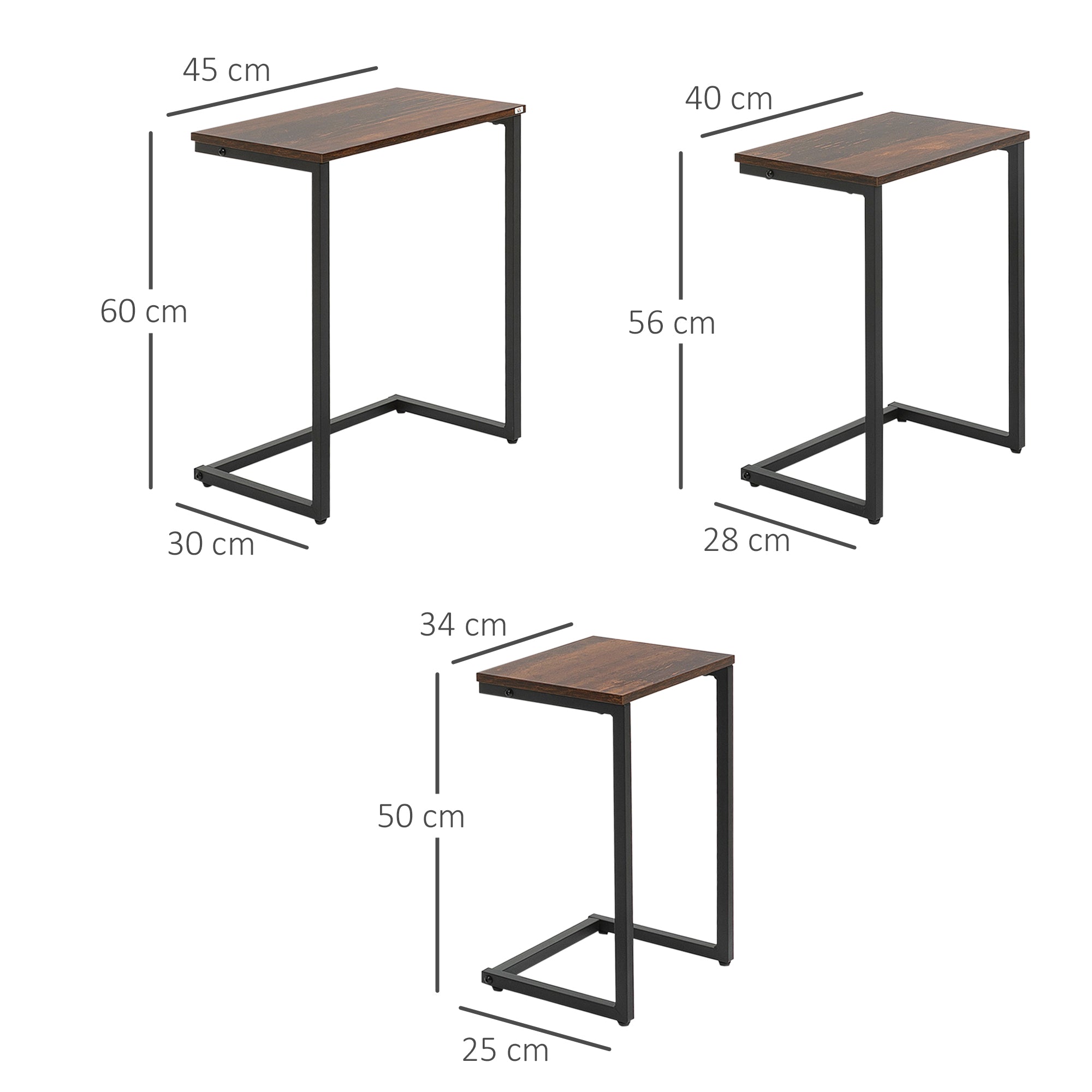 HOMCOM Nesting Side Tables Set of 3, C-Shaped Snack Side Tables with Steel Frame for Sofa Couch and Bed, Rustic Brown - North Peak Garden Furniture