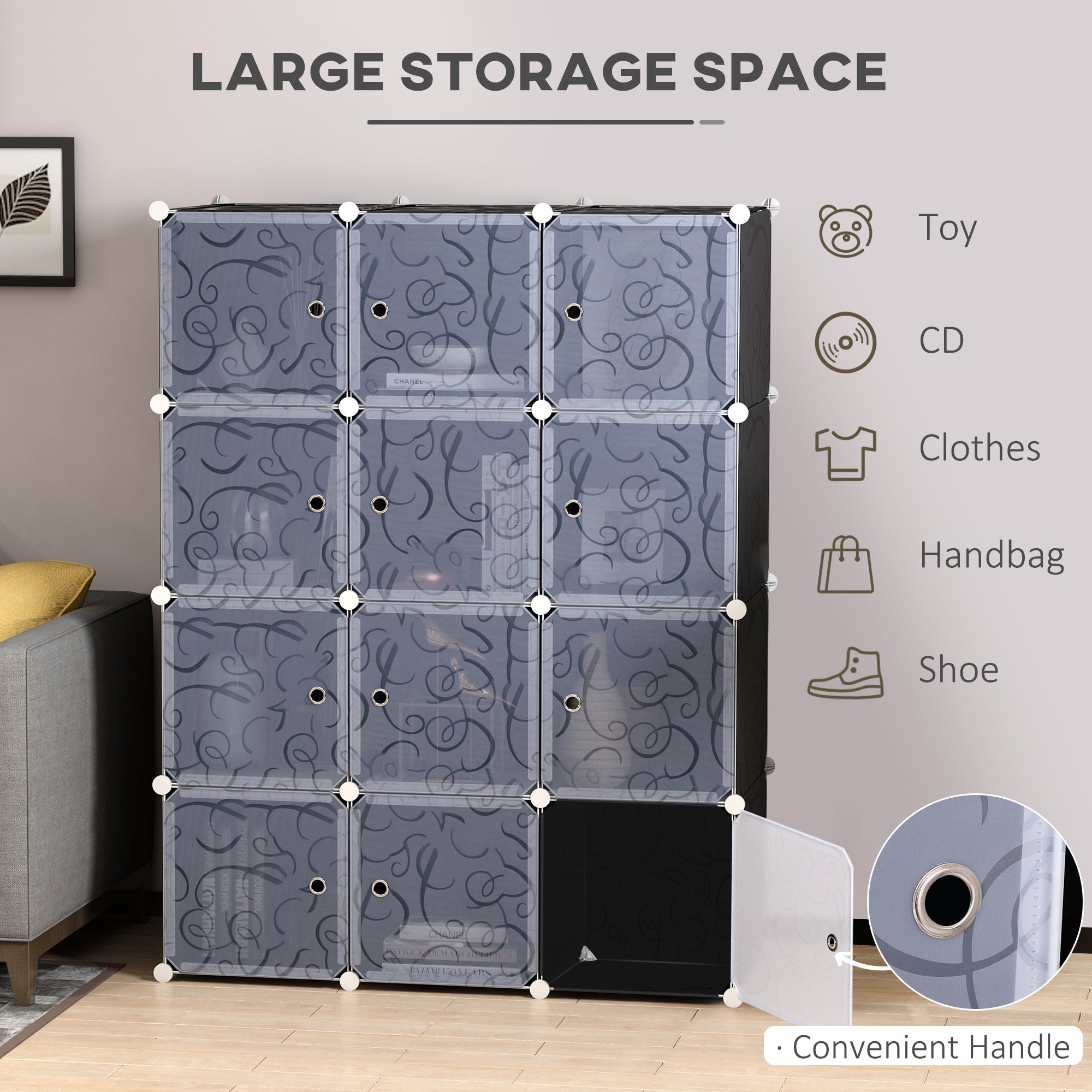 HOMCOM Portable Wardrobe for Bedroom, 12 Cube Closet with 2 Hanging Rails, Modular Storage Cabinet, Plastic Armoire for Space Saving, White and Black - North Peak Garden Furniture