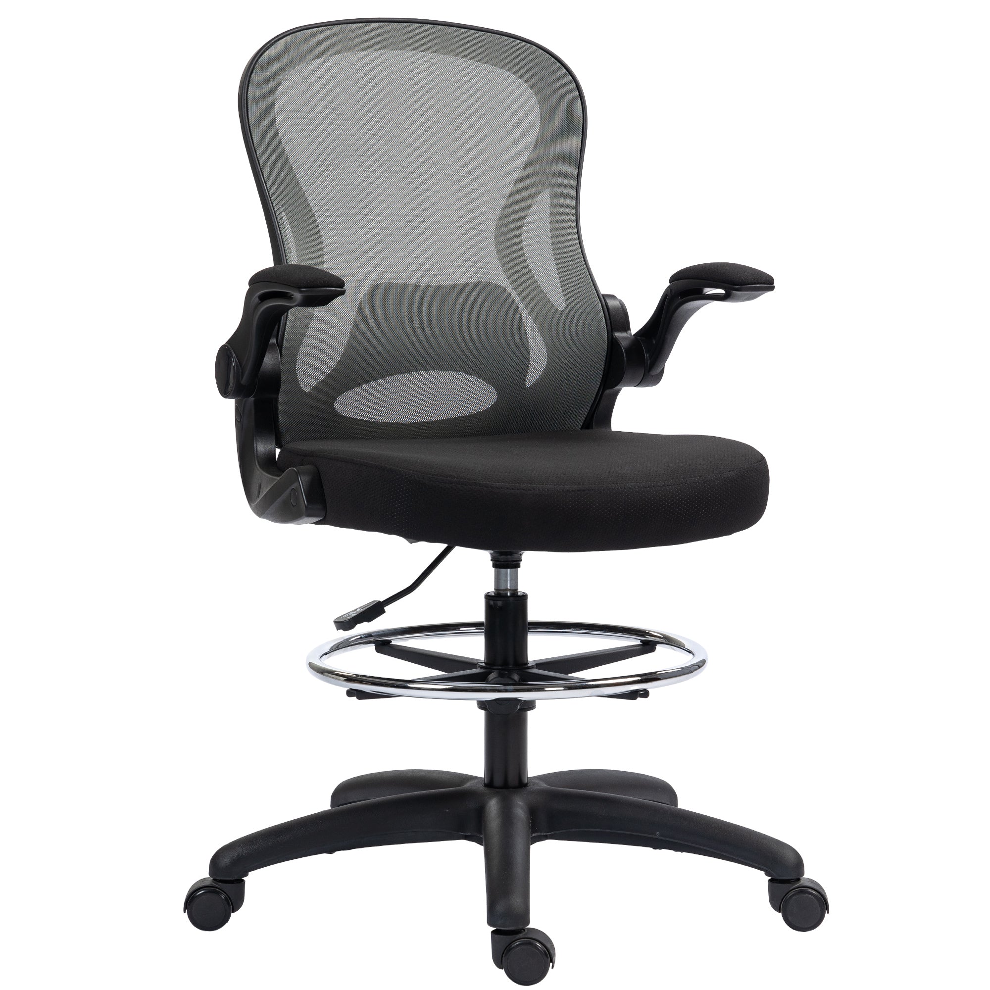 Vinsetto Adjustable Mesh Standing Desk Chair with Flip-up Armrests Lumbar Support Armrests Adjustable Footrest Ring, Dark Grey - North Peak Garden Furniture