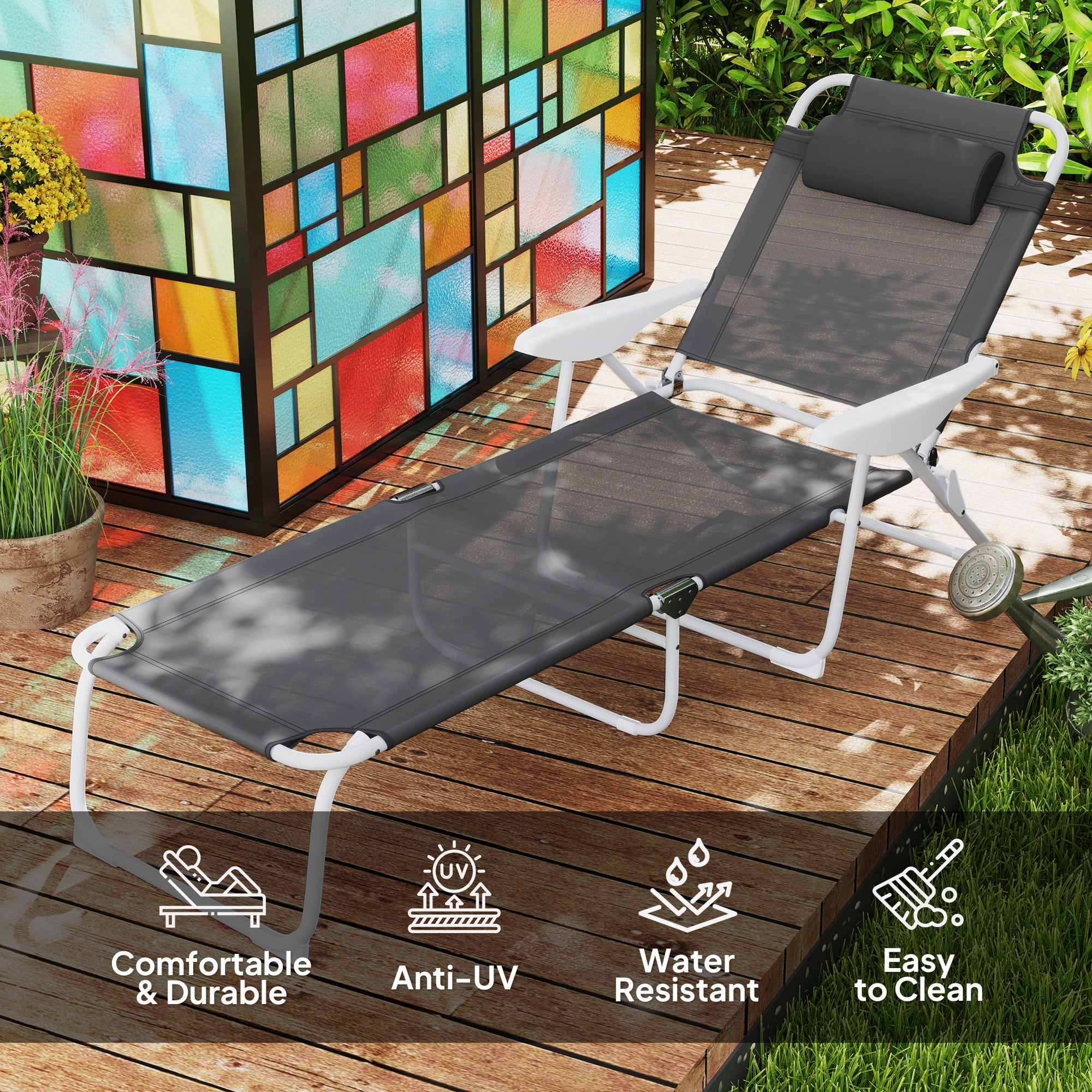Outsunny Foldable Lounge Chair with 4-Level Adjustable Backrest & Headrest - Charcoal Grey - North Peak Garden Furniture