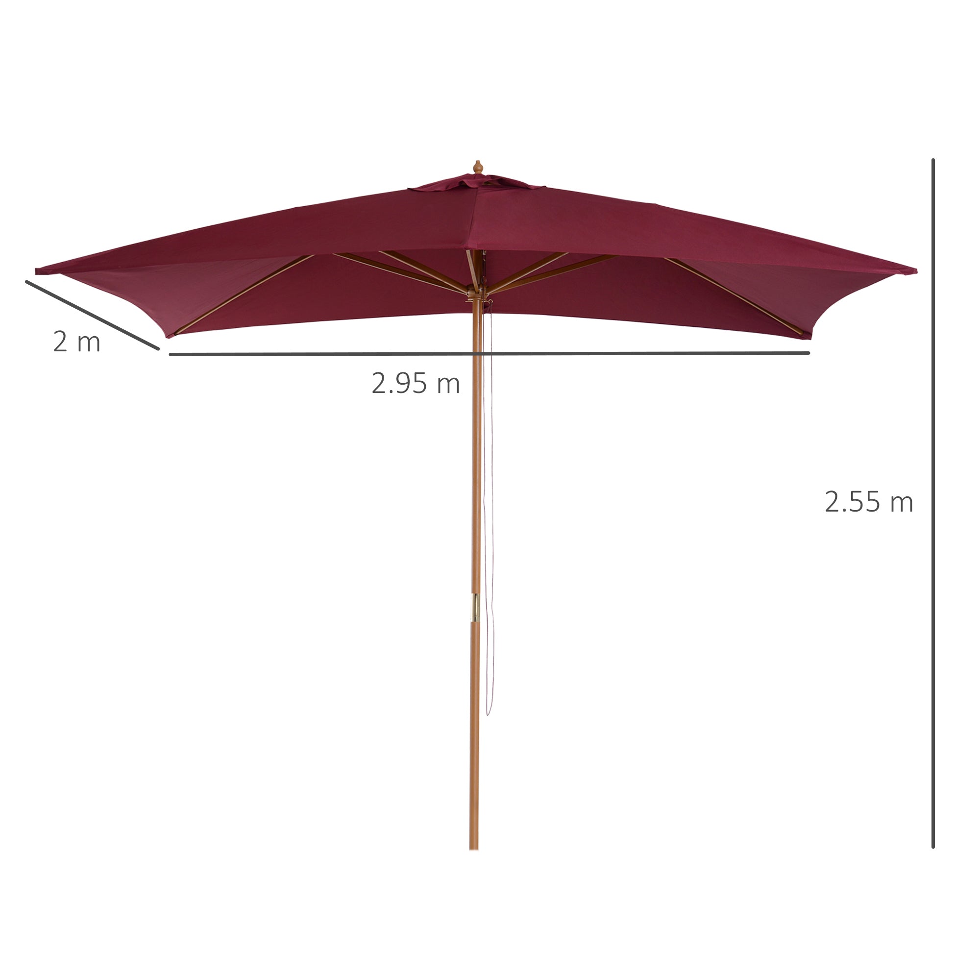 Outsunny Wooden Garden Parasol, 3m x 2m Sun Shade Patio Umbrella, Outdoor Canopy, Wine Red