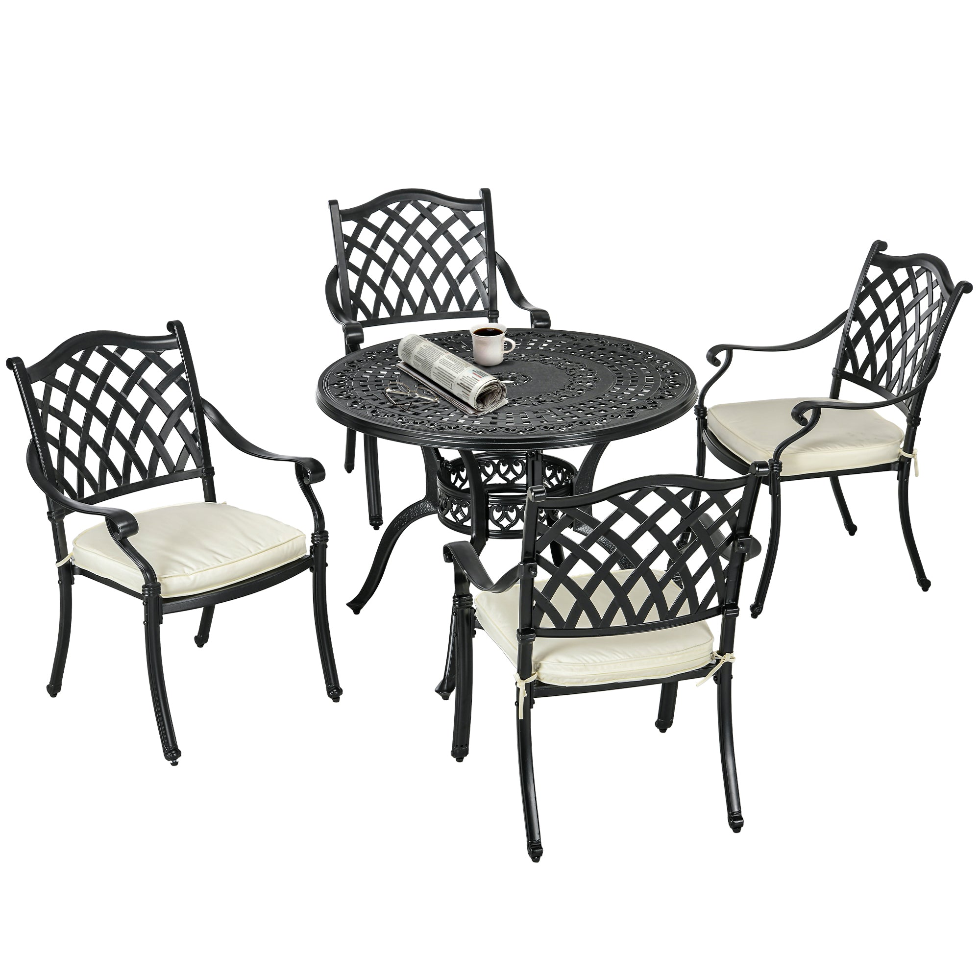 Outsunny Cast Aluminium 4 Seater Outdoor Dining Set with Cushions Parasol Hole Black