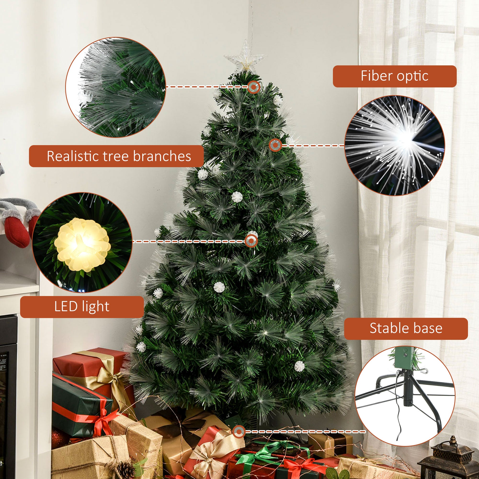HOMCOM 4ft White Light Artificial Christmas Tree w/ 130 LEDs Star Topper Tri-Base Full Bodied Seasonal Decoration Pre-Lit Home - North Peak Garden Furniture