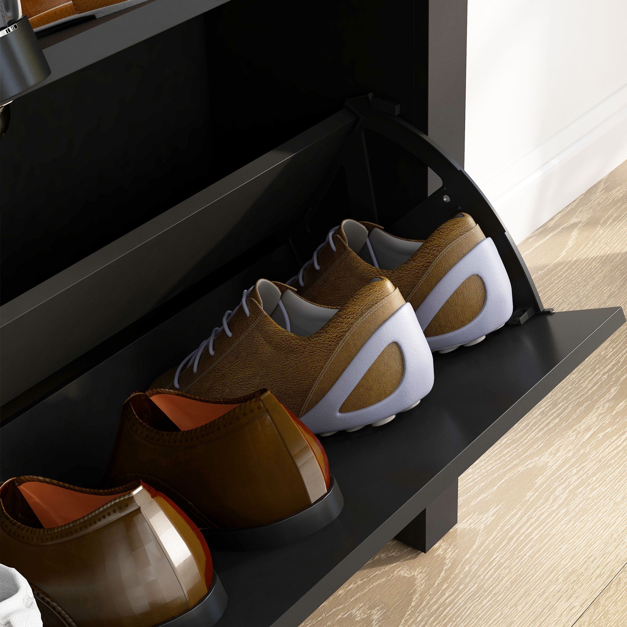HOMCOM 2 Drawer Shoe Cabinet Modern Narrow Shoe Cupboard Hallway Wooden Storage Organiser with Flip Doors Adjustable Shelf for 12 Pairs, Black