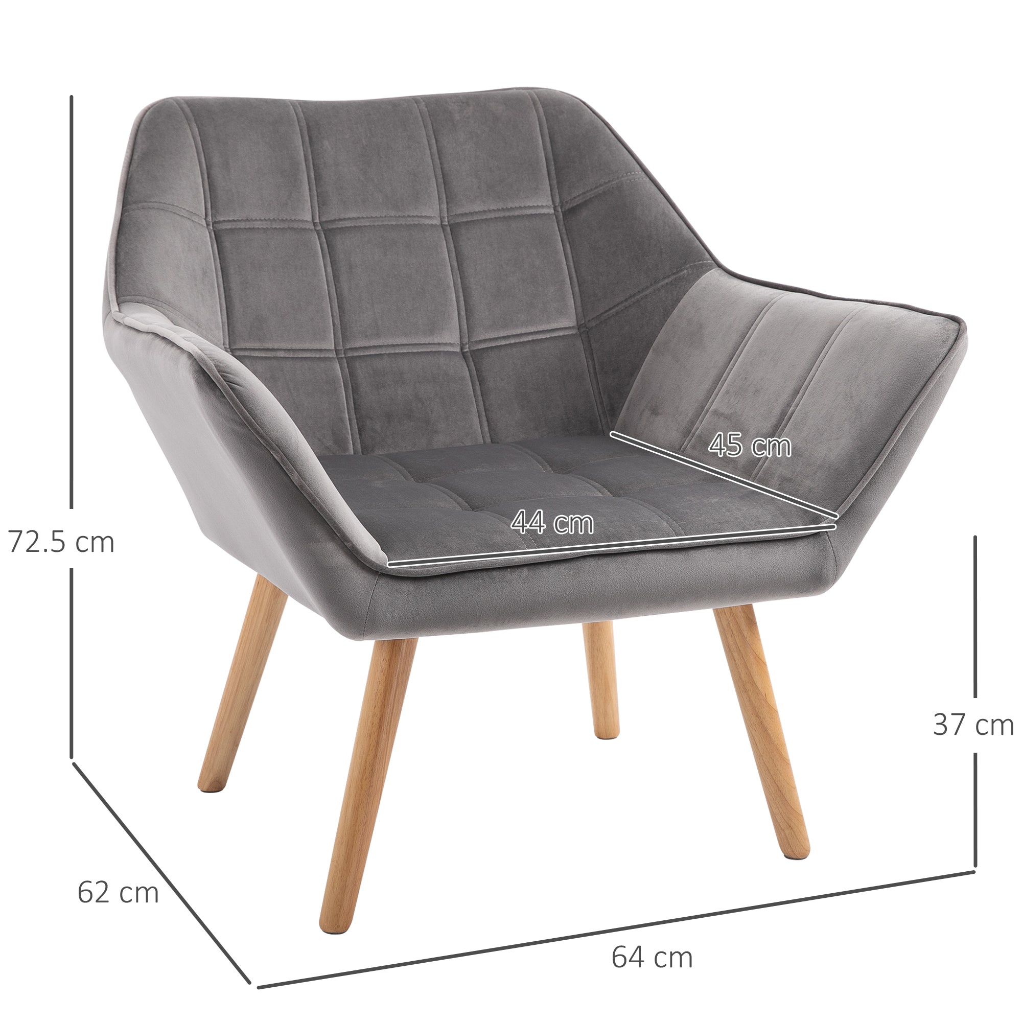 HOMCOM Armchair Accent Chair, Vanity Chair with Wide Arms, Slanted Back, Padding, Metal Frame, Wooden Legs, Home Bedroom Furniture Seating, Set of 2, Grey - North Peak Garden Furniture