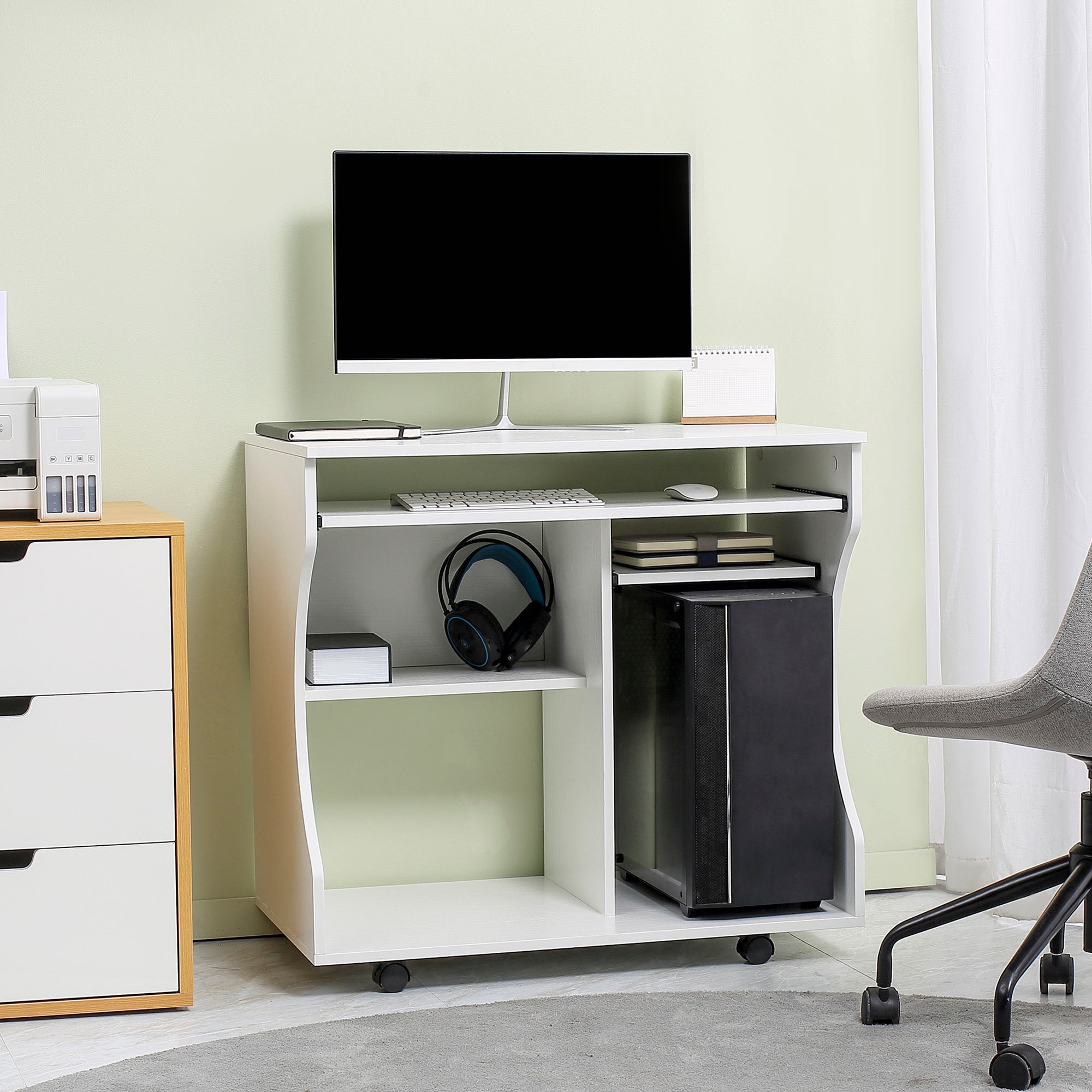 HOMCOM Multi-Storage Compact Work Desk, with Wheels - White - North Peak Garden Furniture