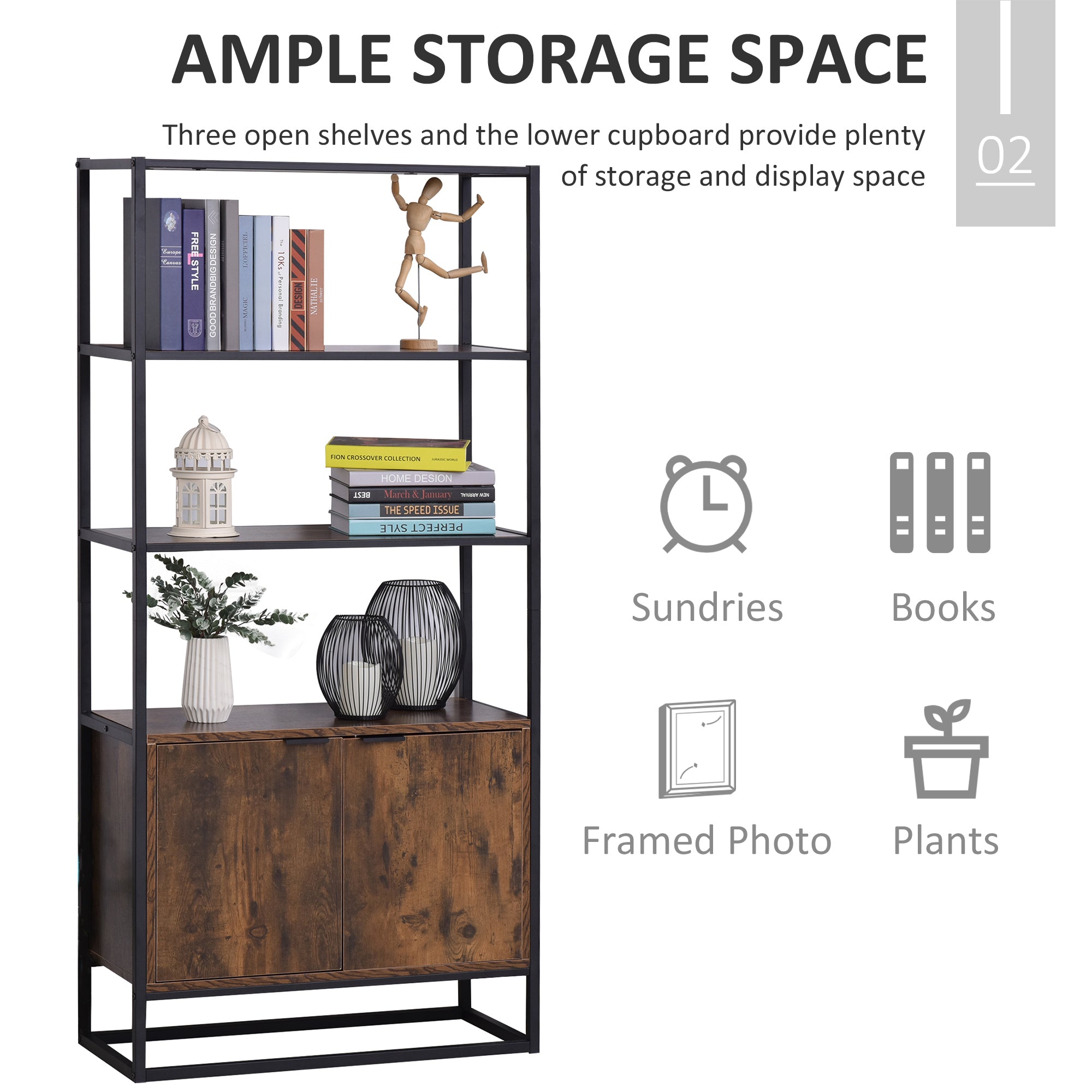 HOMCOM Storage Cabinet with 3 Open Shelves Cupboard Freestanding Tall Organizer Multifunctional Rack for Livingroom Bedroom Kitchen Rustic Brown - North Peak Garden Furniture