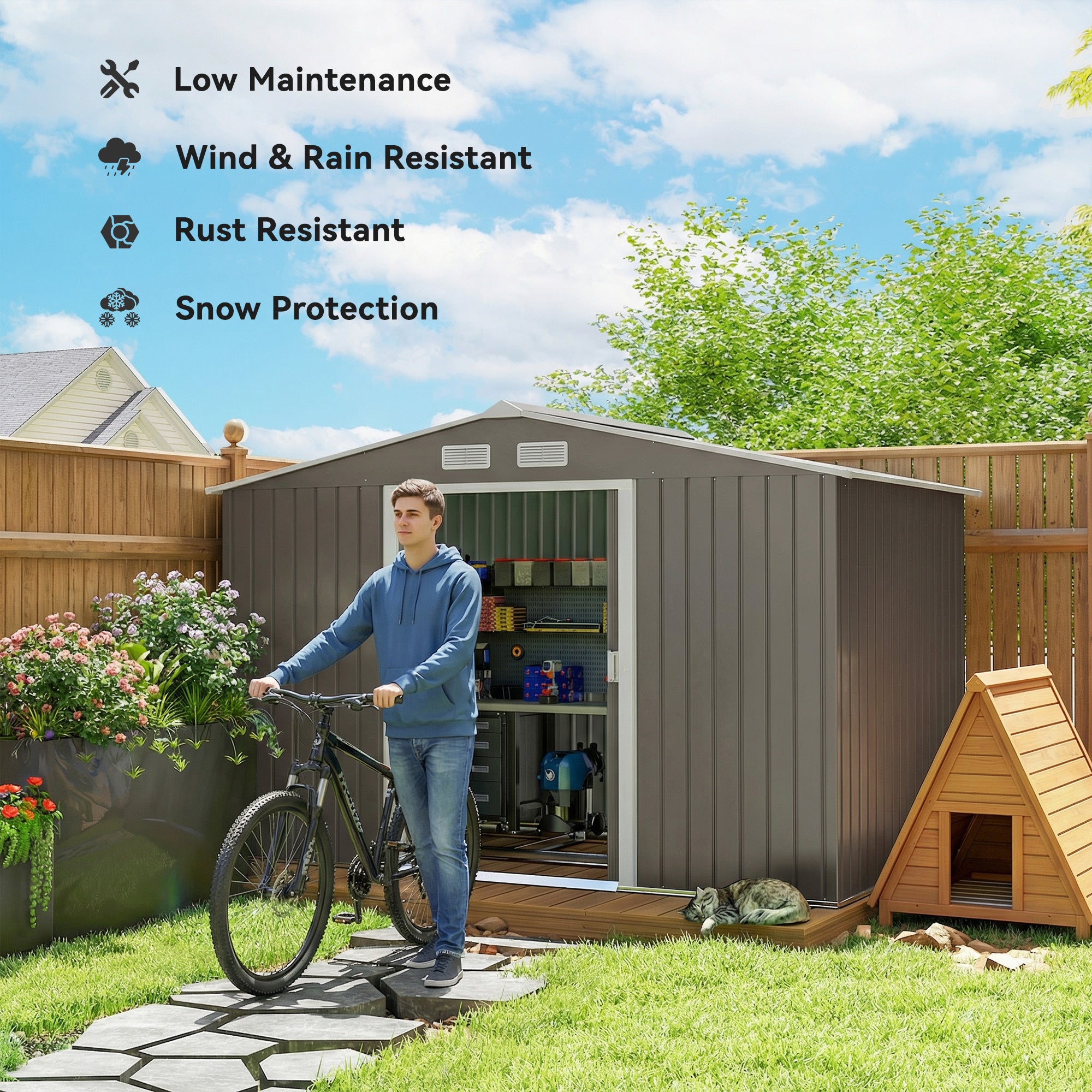 Outsunny 9 x 6FT Outdoor Garden Roofed Metal Storage Shed Tool Box with Foundation Ventilation & Doors Light, Grey
