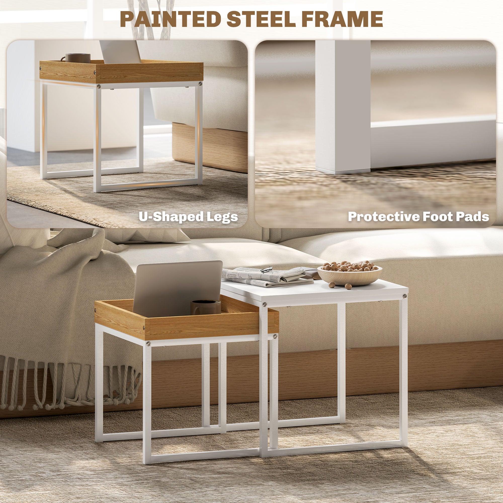 HOMCOM Set of Two Boxy Nesting Tables - White/Wood-Effect - North Peak Garden Furniture