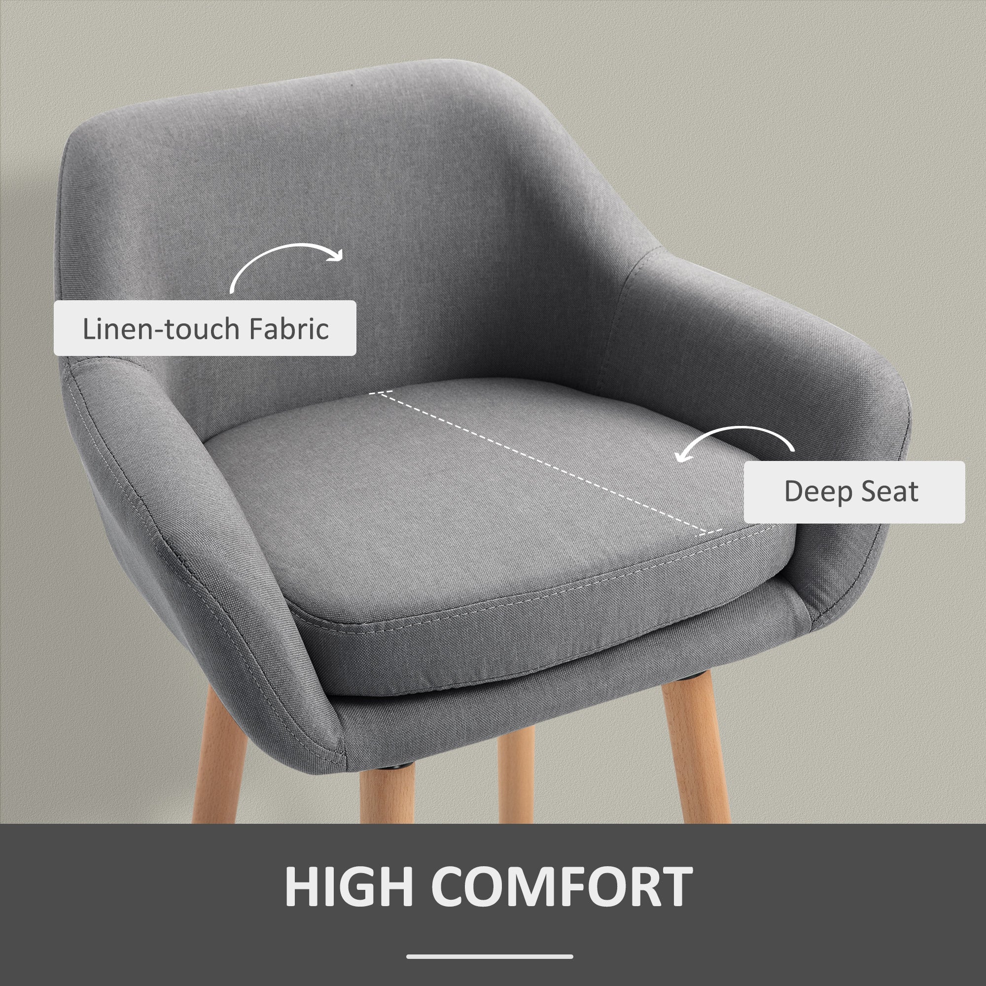 HOMCOM Set of 2 Bar Stools Modern Upholstered Seat Bar Chairs w/ Metal Frame, Solid Wood Legs Living Room Dining Room Fabric Furniture - Grey - North Peak Garden Furniture