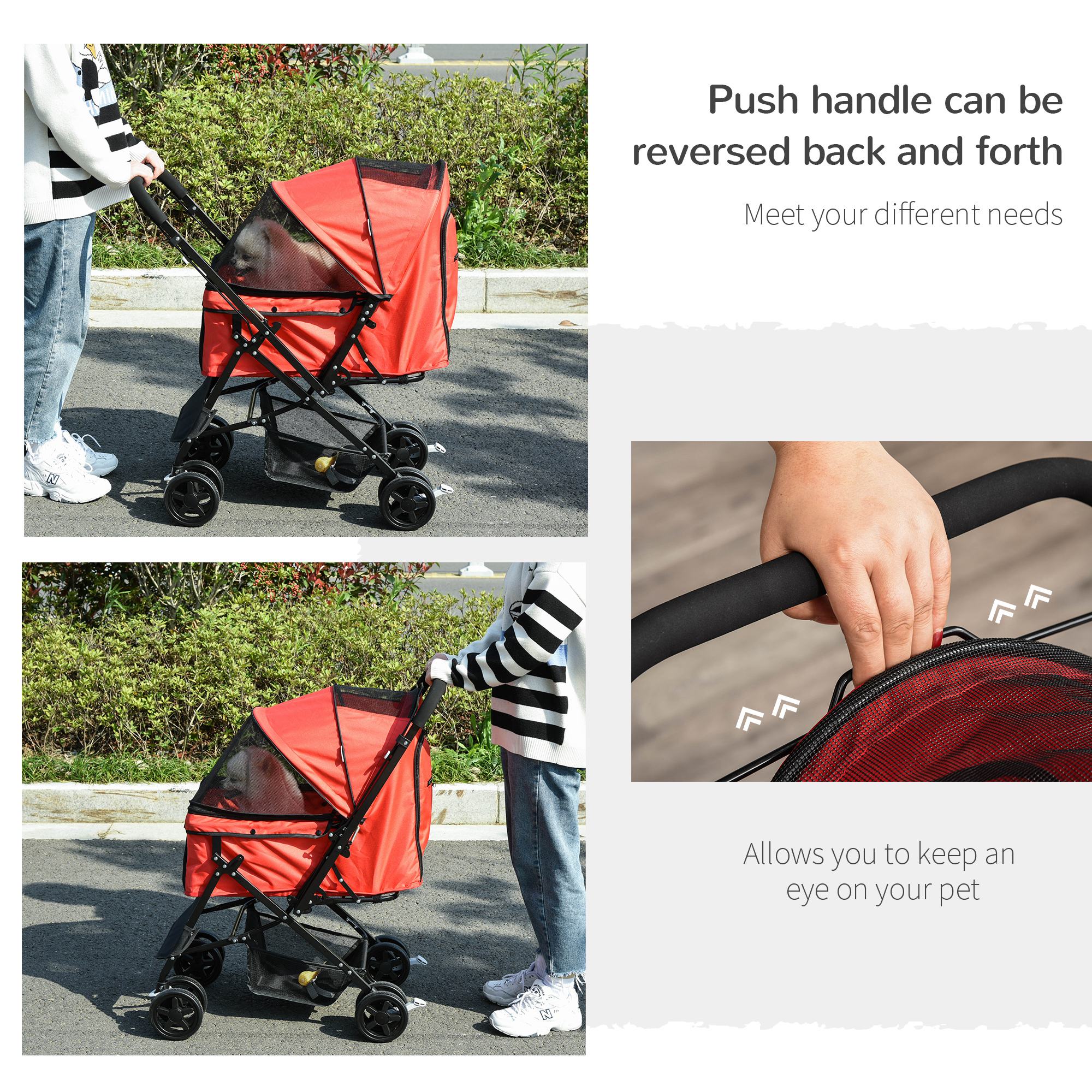 PawHut Pet Stroller Pushchair Foldable Travel Dog Cat Carriage w/ Reversible Handle Brake Basket