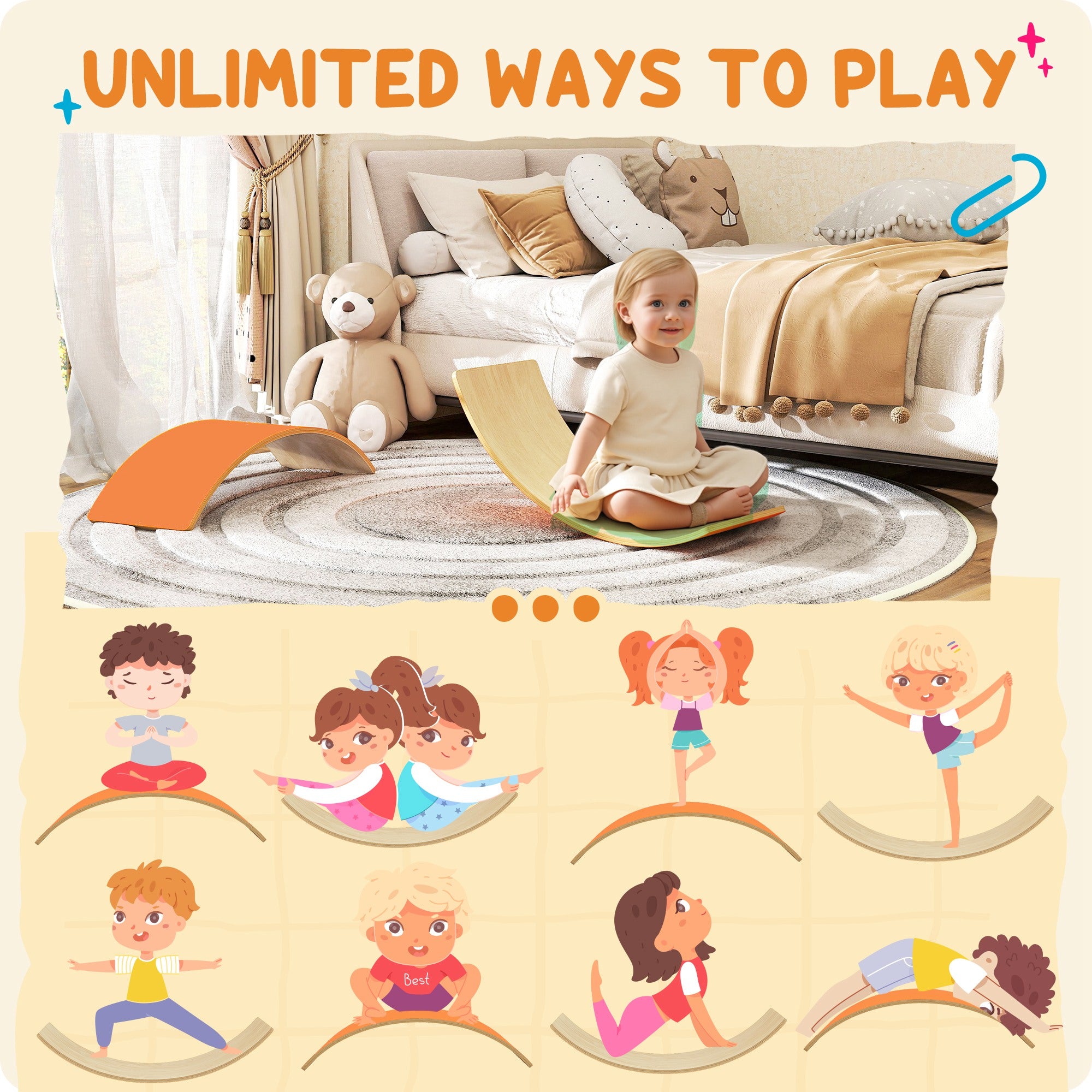 AIYAPLAY Wooden Balance Board for Kids, Wobble Board with Silent Felt for Sensory Play, Orange