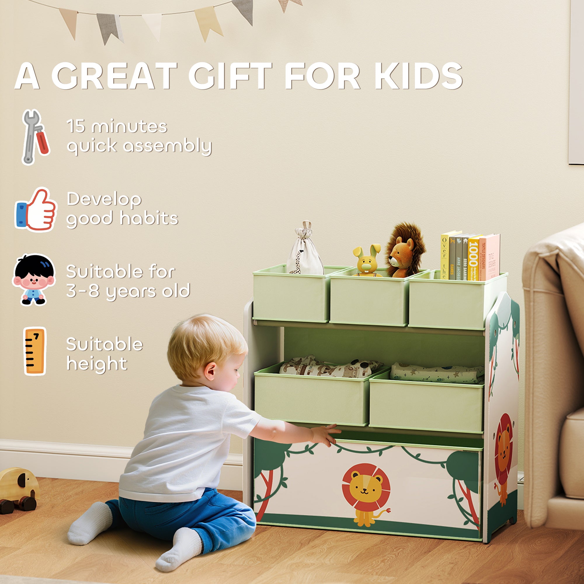 AIYAPLAY Kids Toy Storage Units, 3-Tier Toy Organiser Shelf with 6 Removable Boxes for Kids, Bedroom, Playroom, Green