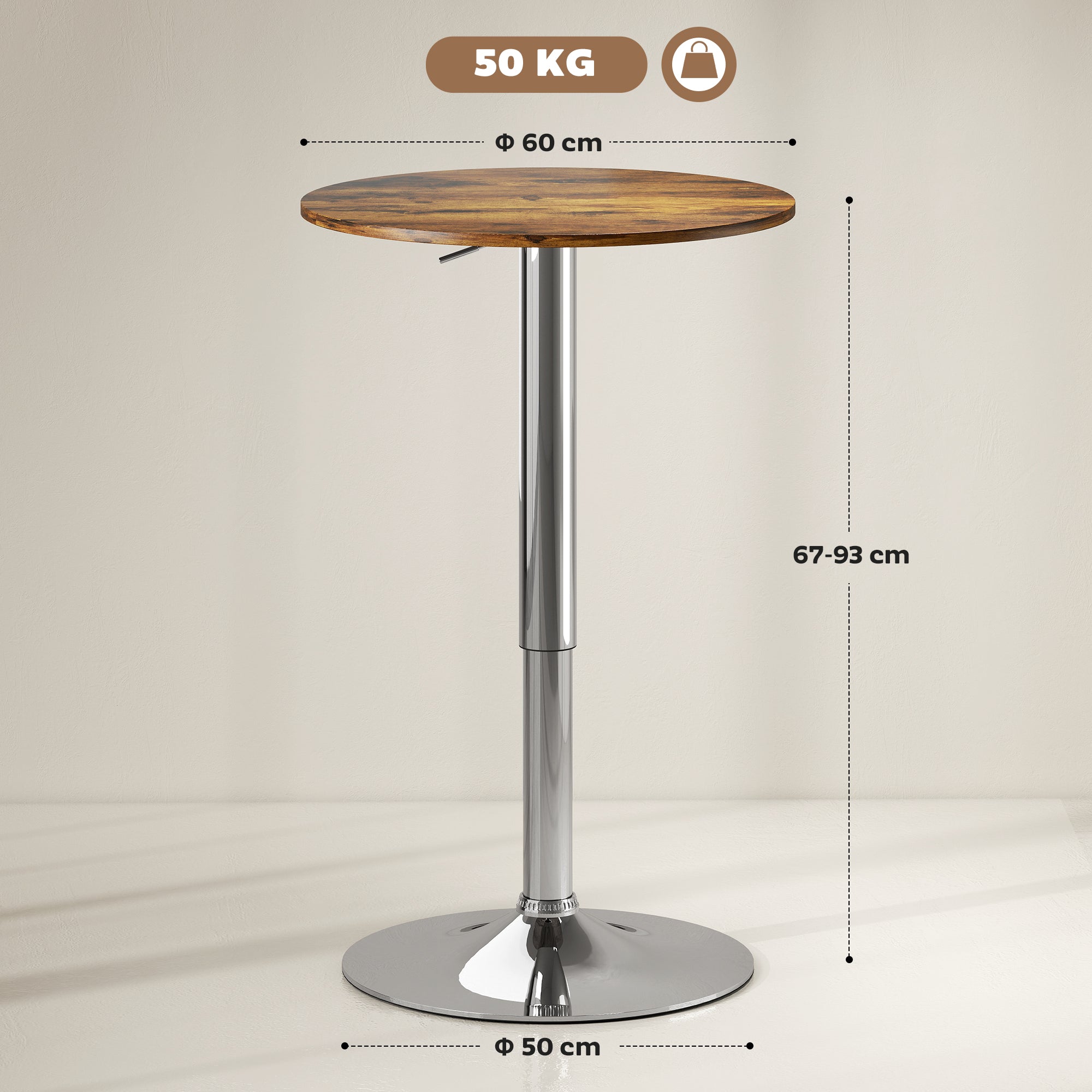 HOMCOM Round Bar Table, 360 Degree Swivel Counter Pub Table with Adjustable Height, for Kitchen, Cafe, Rustic Brown