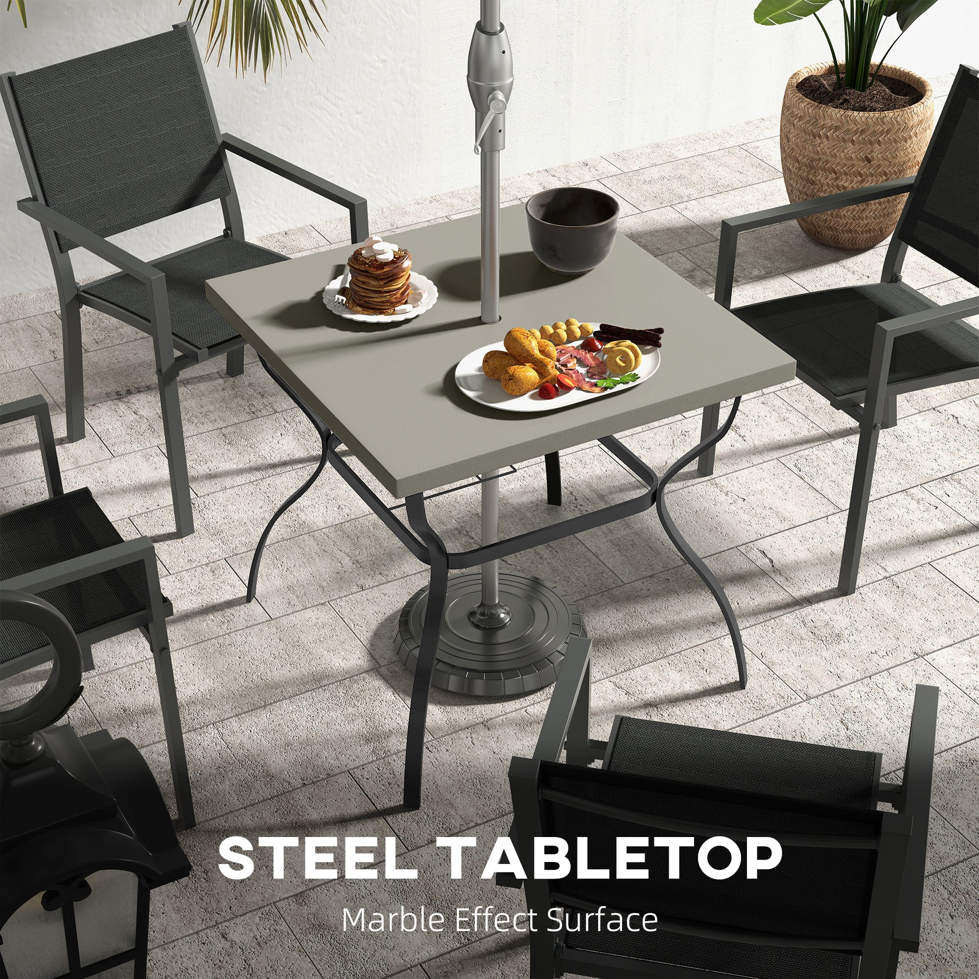 Outsunny Four-Seater Steel Garden Table, with Parasol Hole - Grey/Black