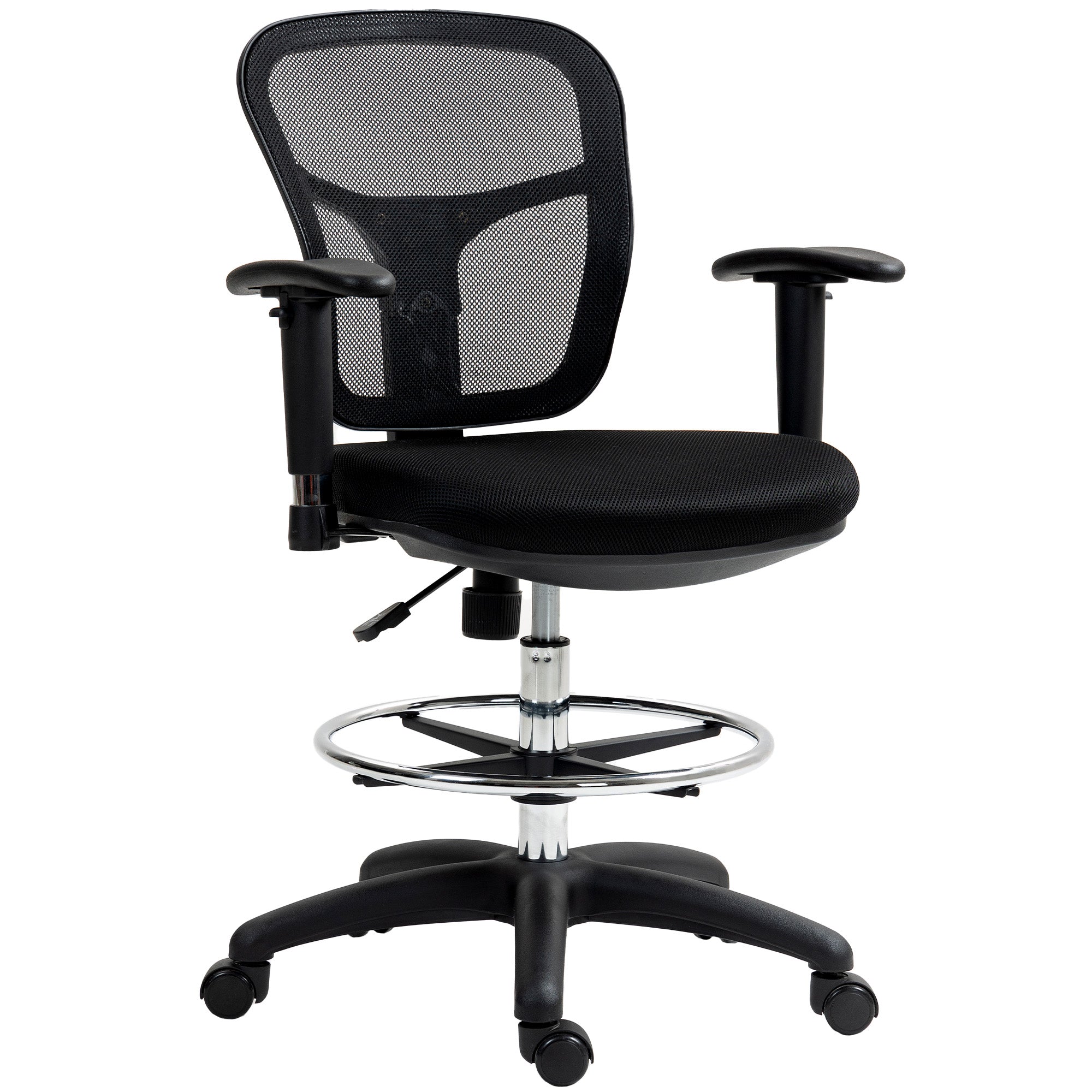 HOMCOM Drafting Chair with Adjustable Armrests, Ergonomic Mesh Office Chair with Lumbar Support, Adjustable Height and Footrest for Standing Desk, Black - North Peak Garden Furniture
