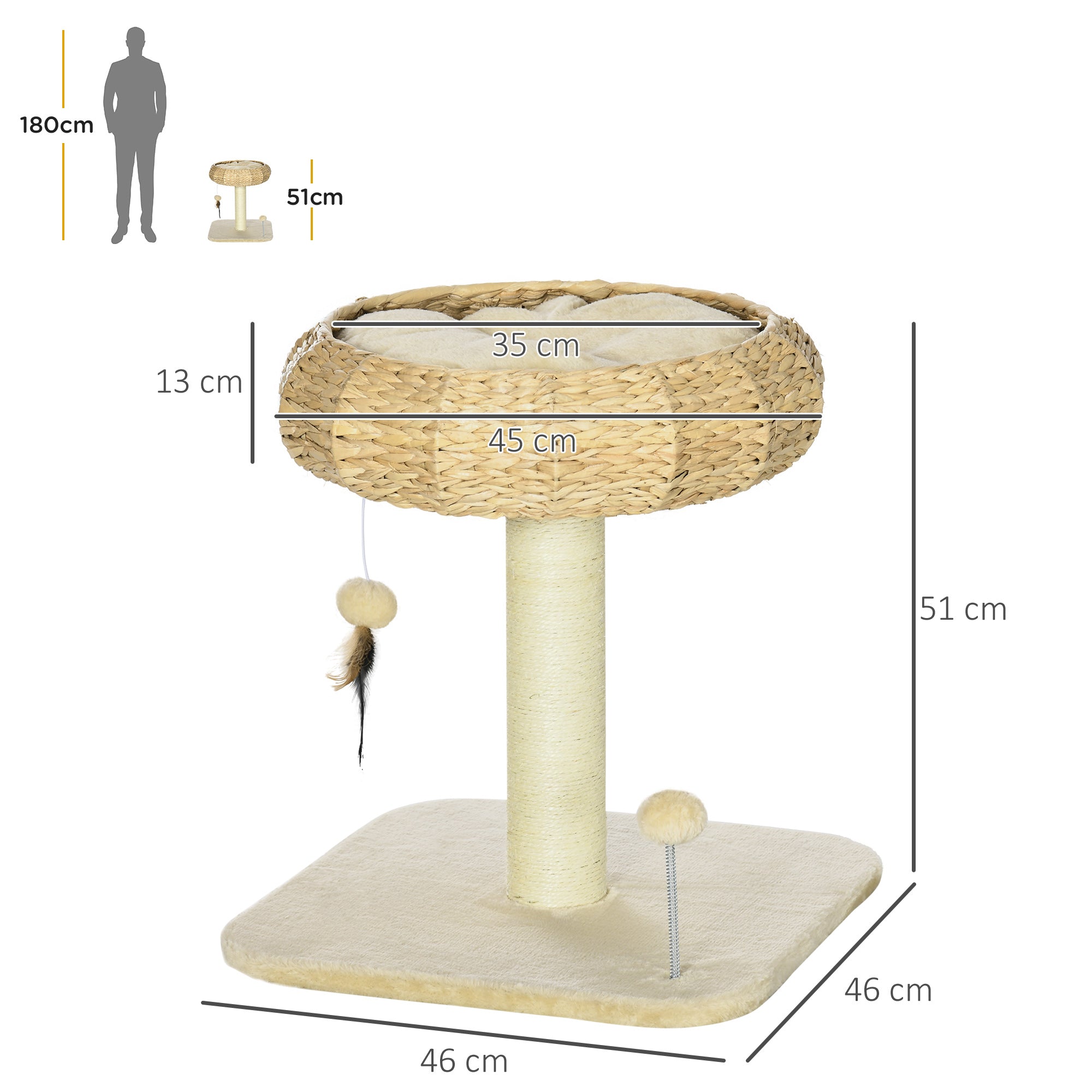 PawHut 51cm Cat Tree Kitten Tower, with Sisal Scratching Post, Top Bed, Toy Ball