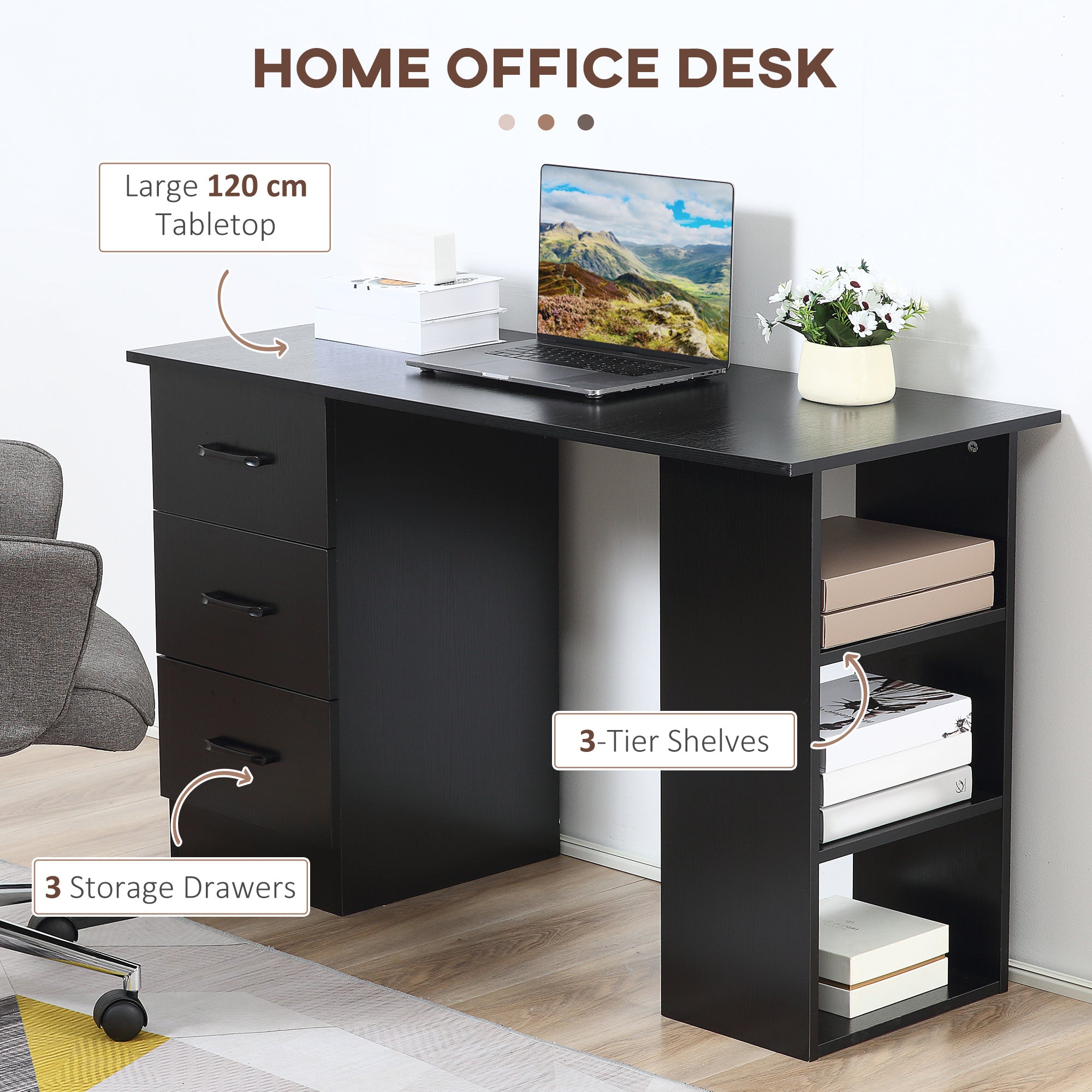 HOMCOM Computer Desk, Writing Table, PC Workstation with 3 Storage Shelves and Drawers, Black Handle, for Home Office, Black - North Peak Garden Furniture