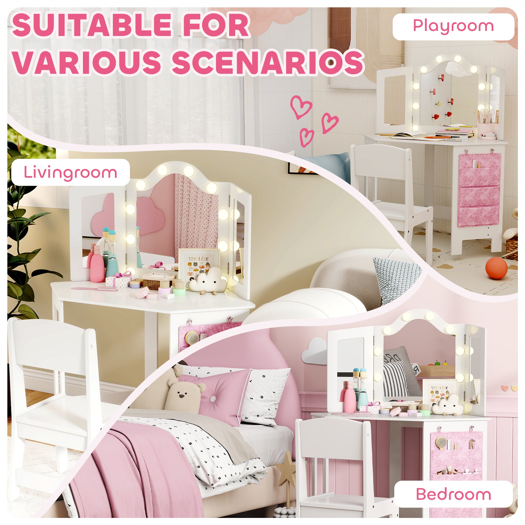 AIYAPLAY Kids Dressing Table and Stool Set, Girls Vanity Table with 2-Colour LED Lights, Tri-Folding Mirror, White