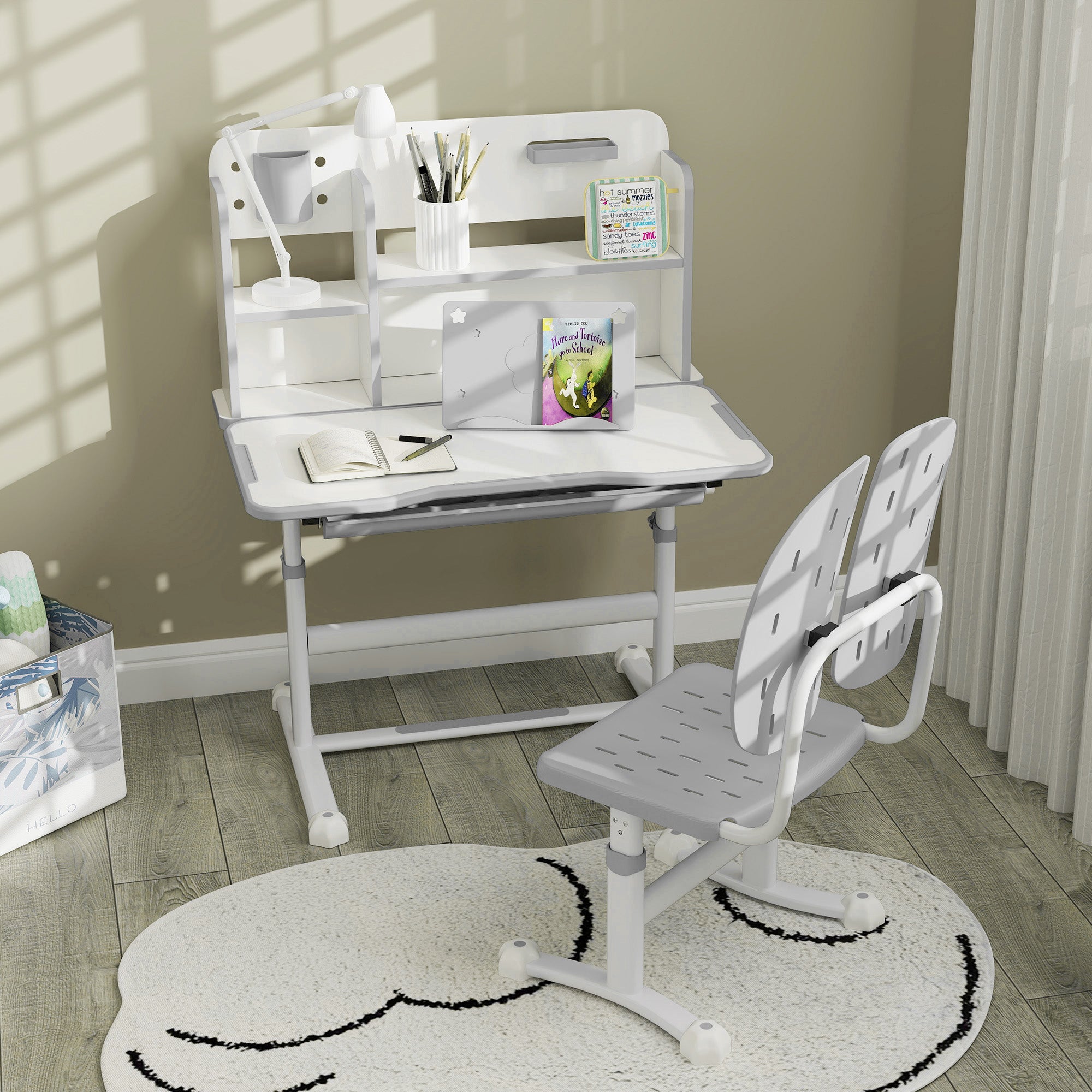 AIYAPLAY Height Adjustable Kids Desk and Chair Set, Children School Study Desk with Tiltable Desktop, Reading Rack, Grey - North Peak Garden Furniture