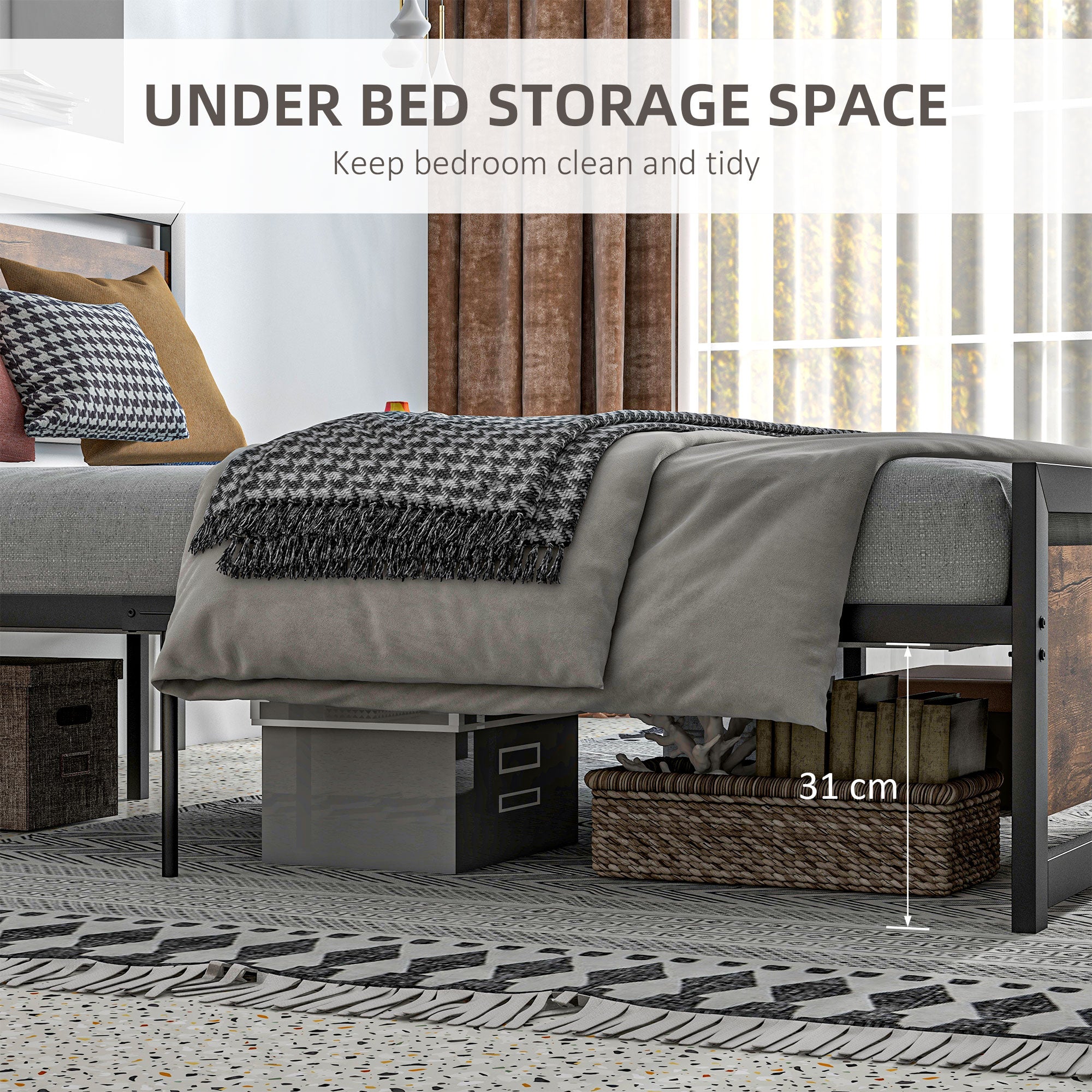 HOMCOM King Size Metal Bed Frame with Headboard & Footboard, Strong Slat Support Full Bed Frame w/ Underbed Storage Space, Bedroom Furniture For Adults - North Peak Garden Furniture