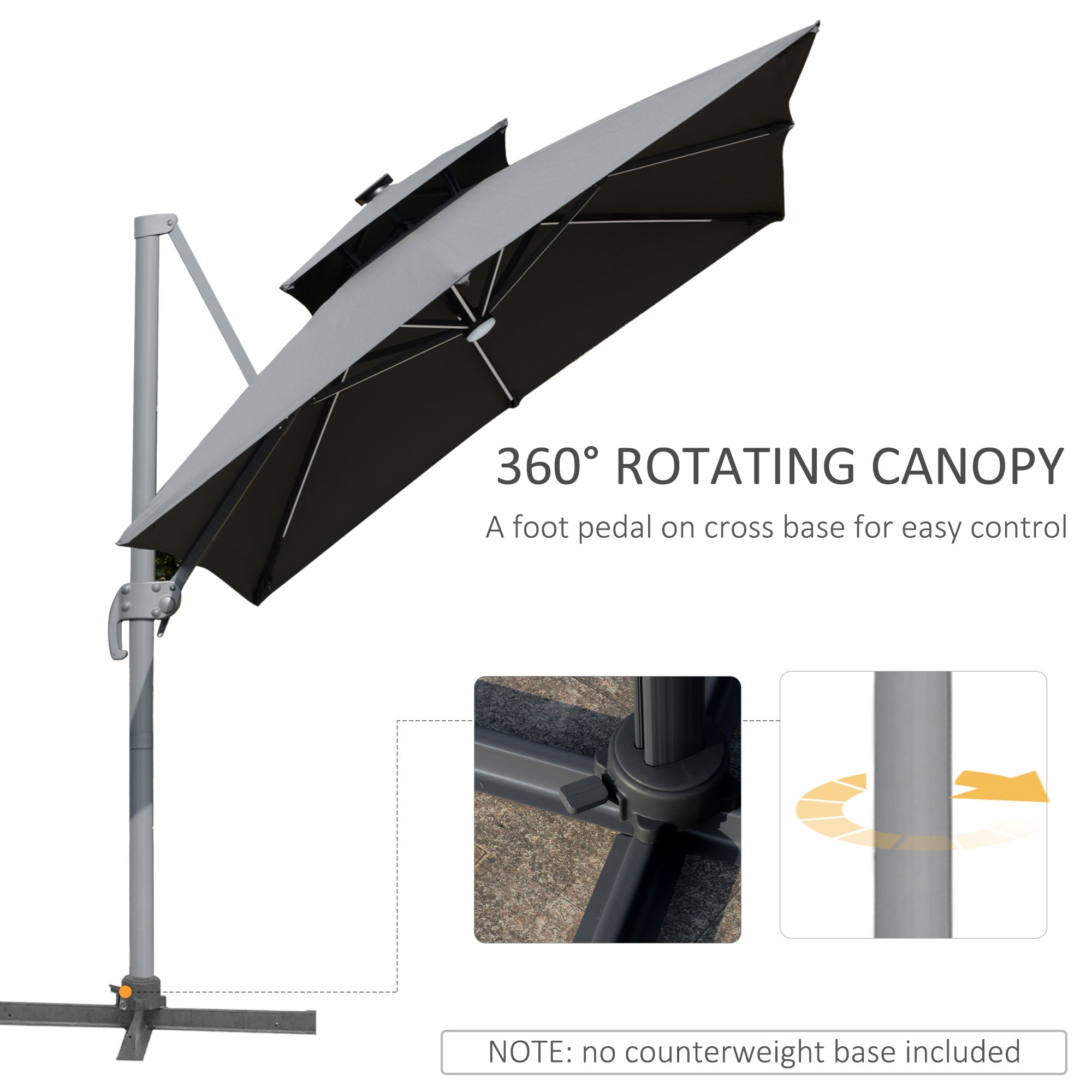 Outsunny 3m Cantilever Parasol, Outdoor Offset Patio Umbrella, Solar LED Lighted Hanging Sun Shade Canopy with Tilt and Crank Handle, Cross Base for Lawn, Beach and Poolside, Grey - North Peak Garden Furniture