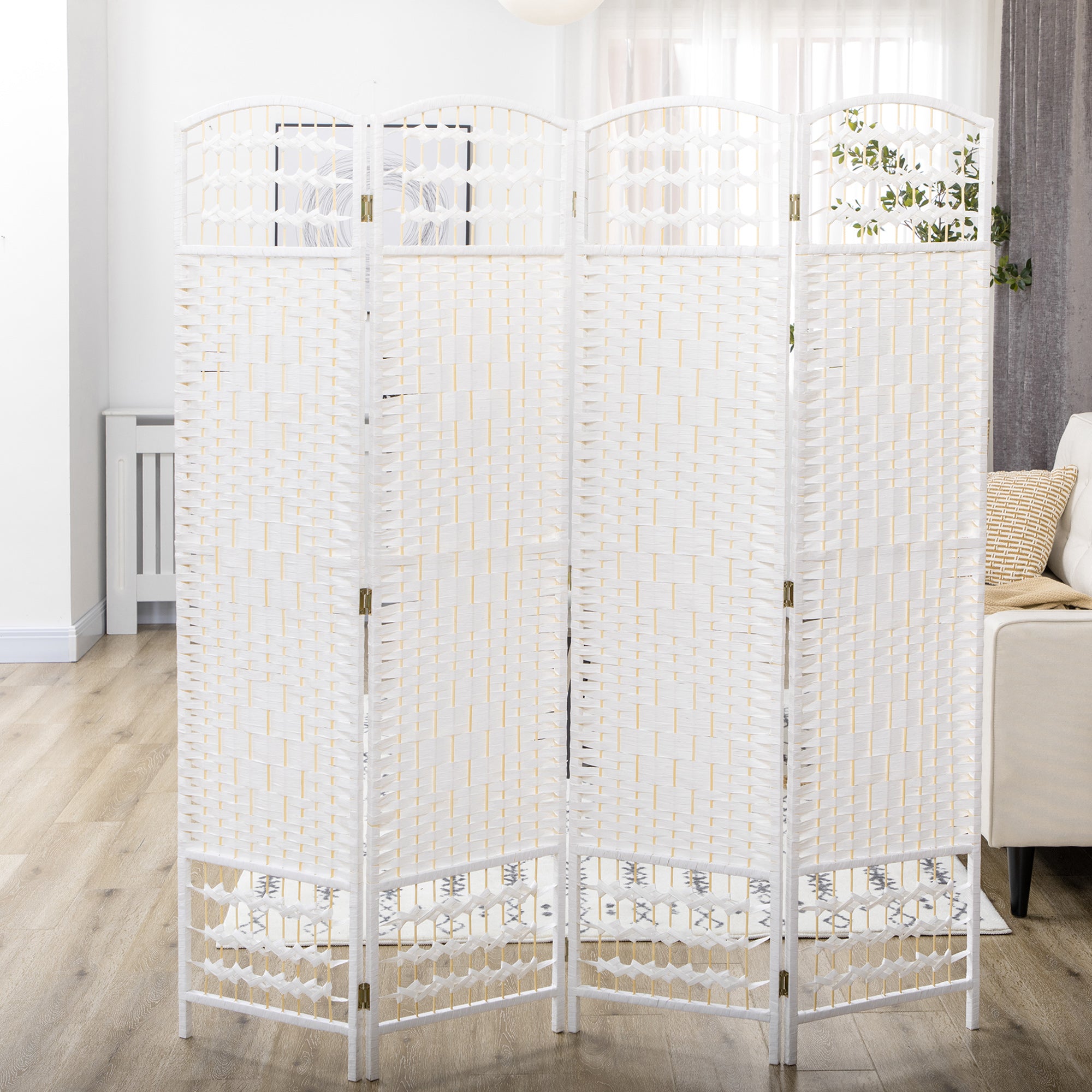 HOMCOM 4 Panel Folding Room Divider, Privacy Screen, Freestanding Paravent Partition Separator for Living Room, Bedroom and Office, 160 x 170cm, White - North Peak Garden Furniture