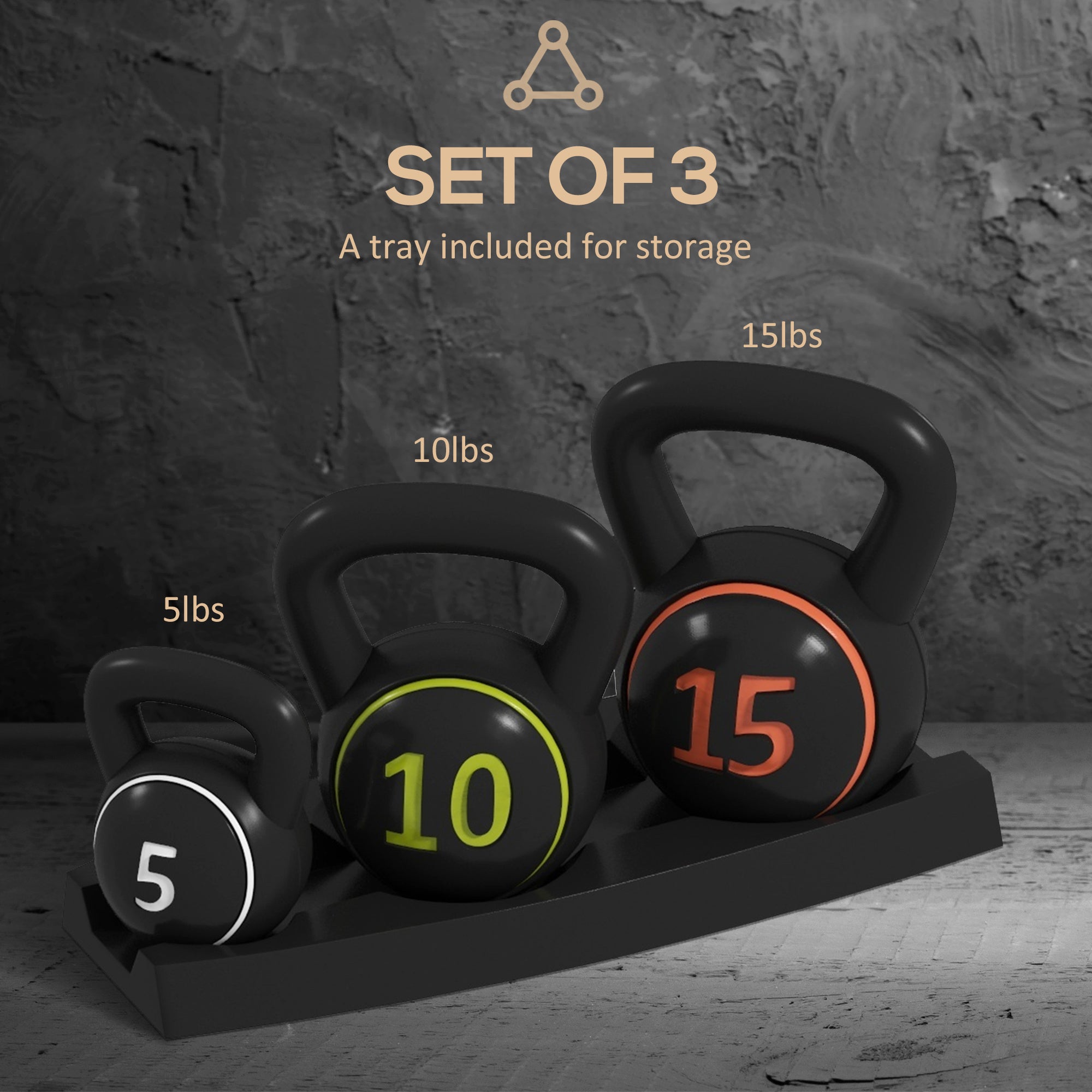 SPORTNOW Three-Piece Kettlebell Set, 5lbs, 10lbs, 15lbs with Storage Tray - North Peak Garden Furniture