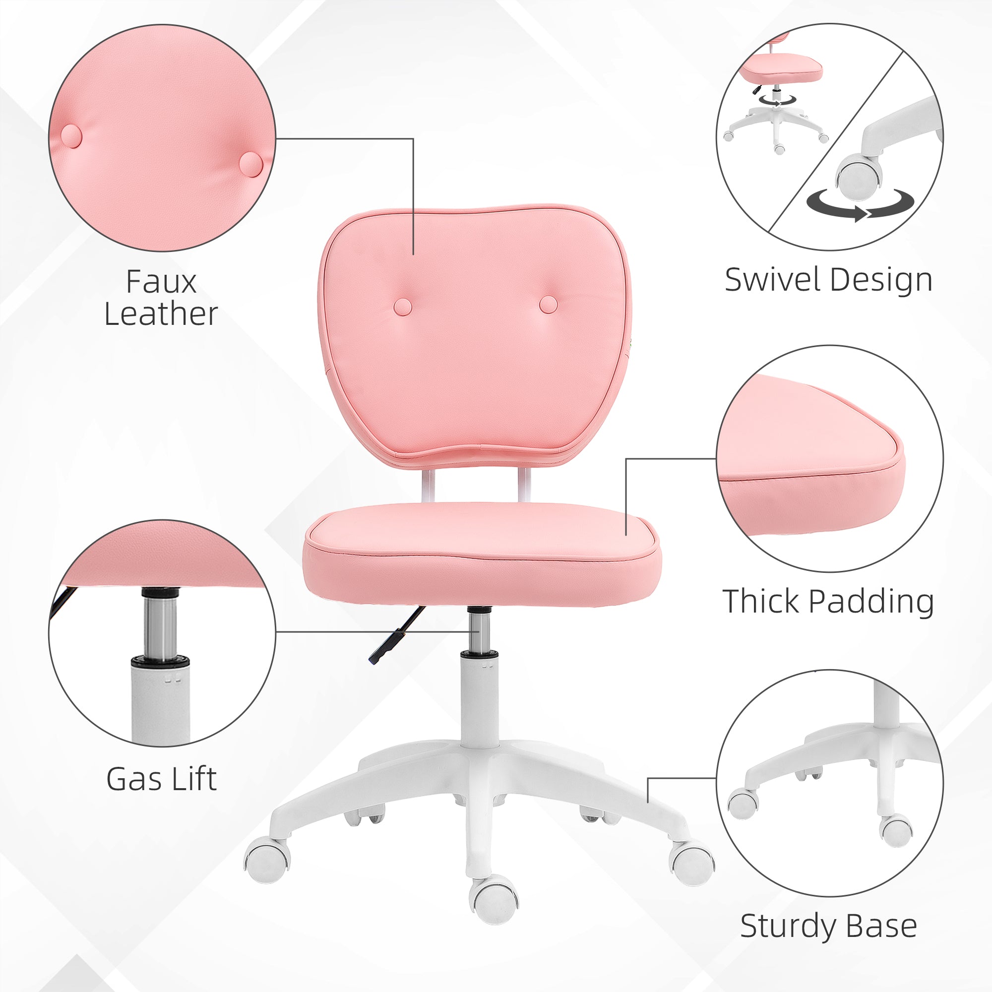 Vinsetto Vanity Office Chair, PU Leather Computer Chair for Home, with Adjustable Height, Armless, Swivel Wheels, Pink - North Peak Garden Furniture