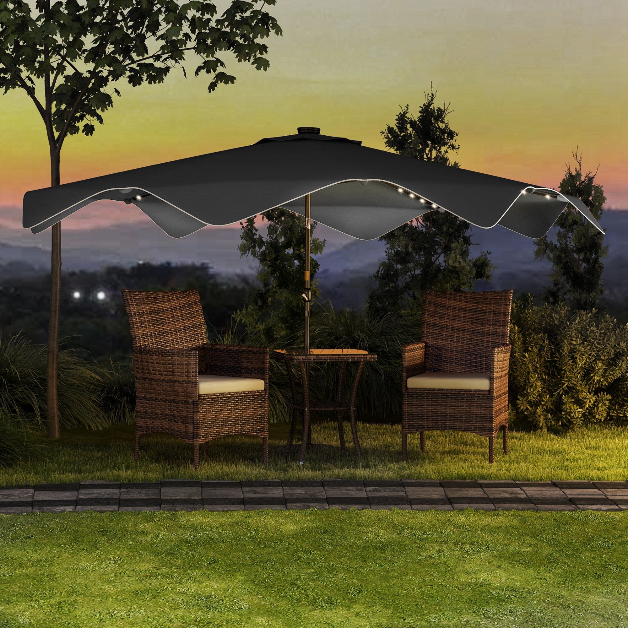 Outsunny Solar Patio Umbrella with LED and Tilt, Outdoor Market Table Umbrella Parasol with Crank, 3 x 3 (m), Dark Grey - North Peak Garden Furniture