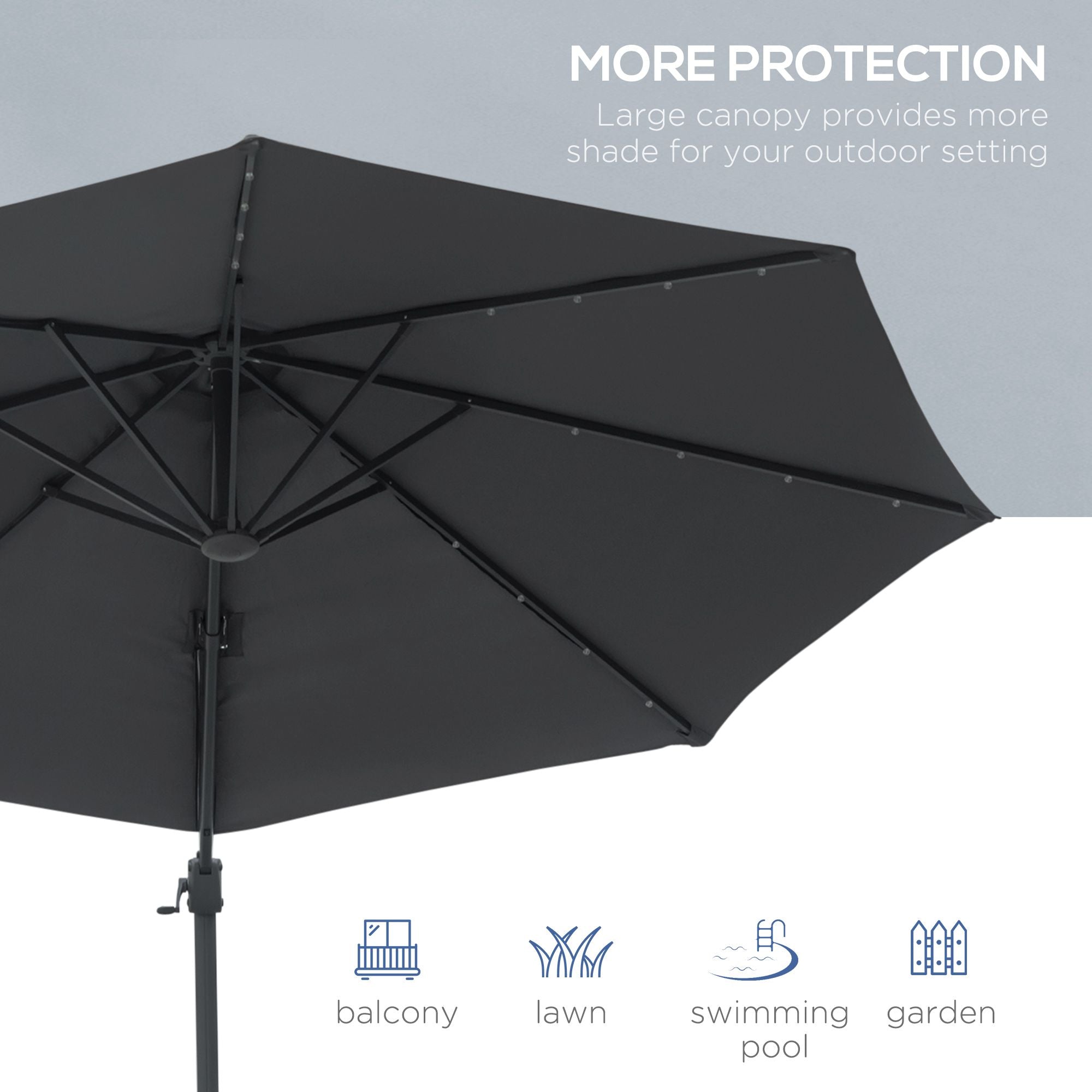 Outsunny 3(m) Cantilever Roma Parasol Patio Sun Umbrella with Crank & Tilt LED Solar Light Cross Base 360° Rotating Outdoor, Dark Grey - North Peak Garden Furniture
