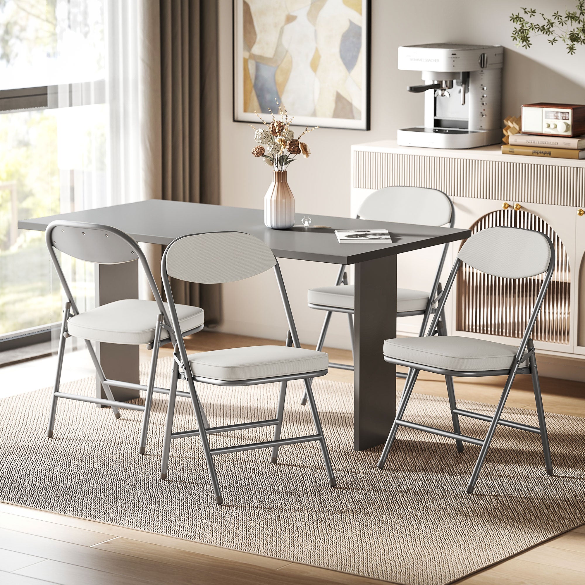 HOMCOM Set of Four Folding Corduroy Seat Chairs, Cream