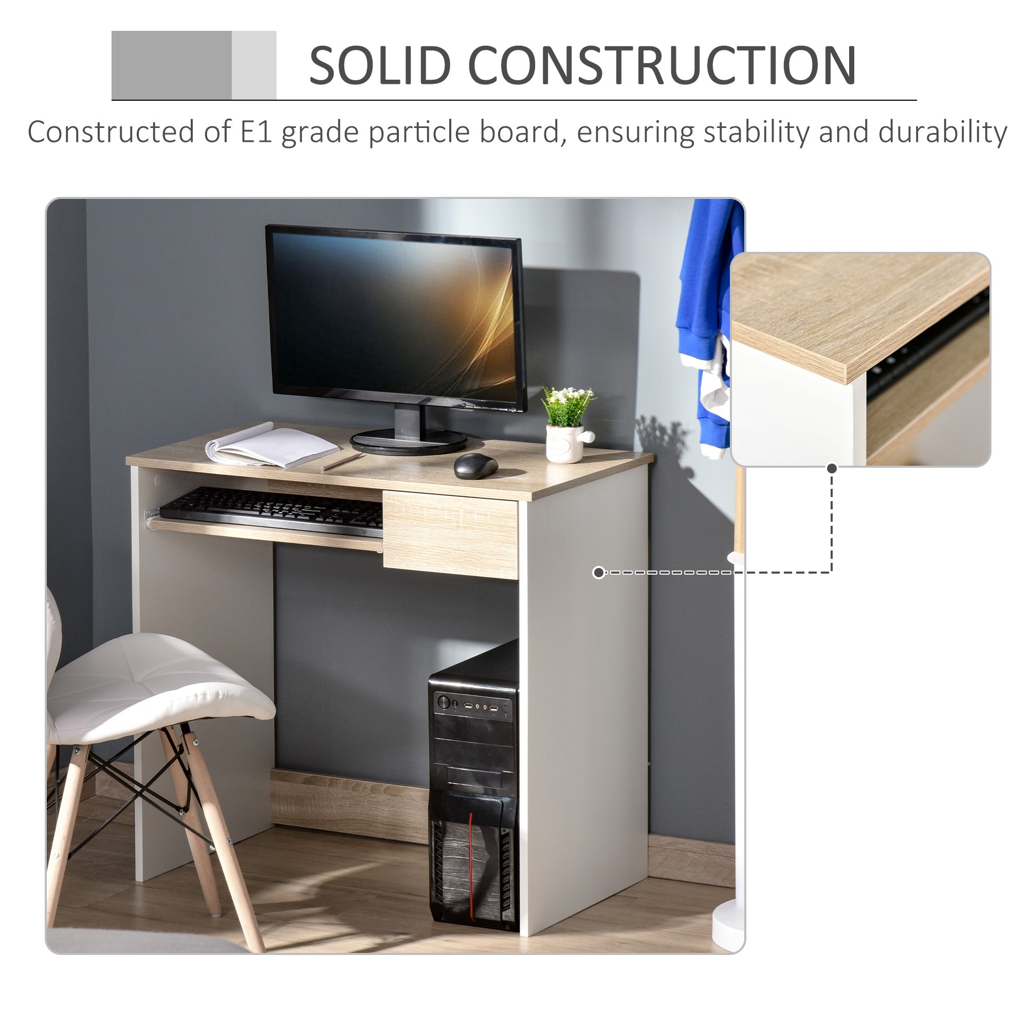HOMCOM Compact Computer Table with Keyboard Tray Drawer Study Office Working Writing Desk, Oak Colour - North Peak Garden Furniture