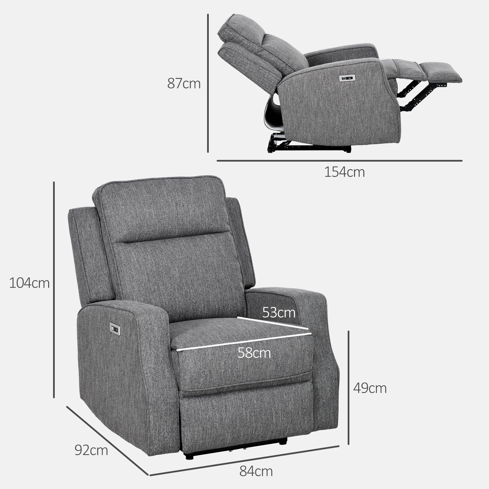 HOMCOM 150° Electric Reclining Chair, with USB port and Footrest - Charcoal Grey - North Peak Garden Furniture