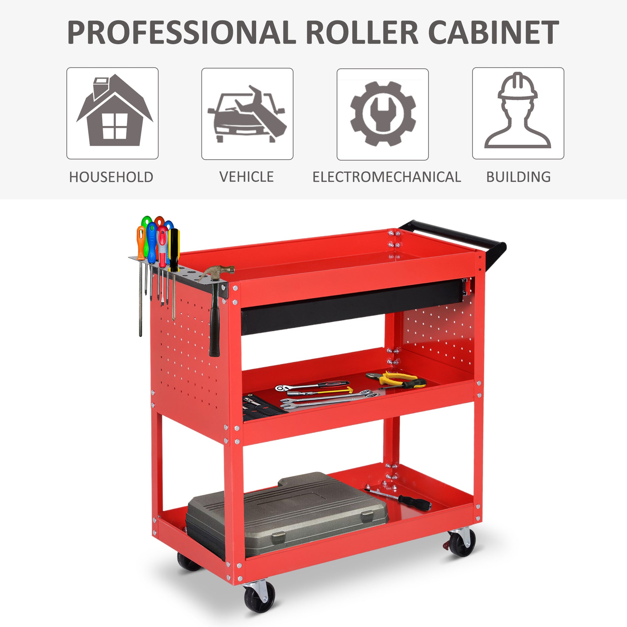 DURHAND 3-Tier Tool Trolley Cart Storage Shelf Roller Cabinet DIY Box Garage Workshop with Drawer Red - North Peak Garden Furniture