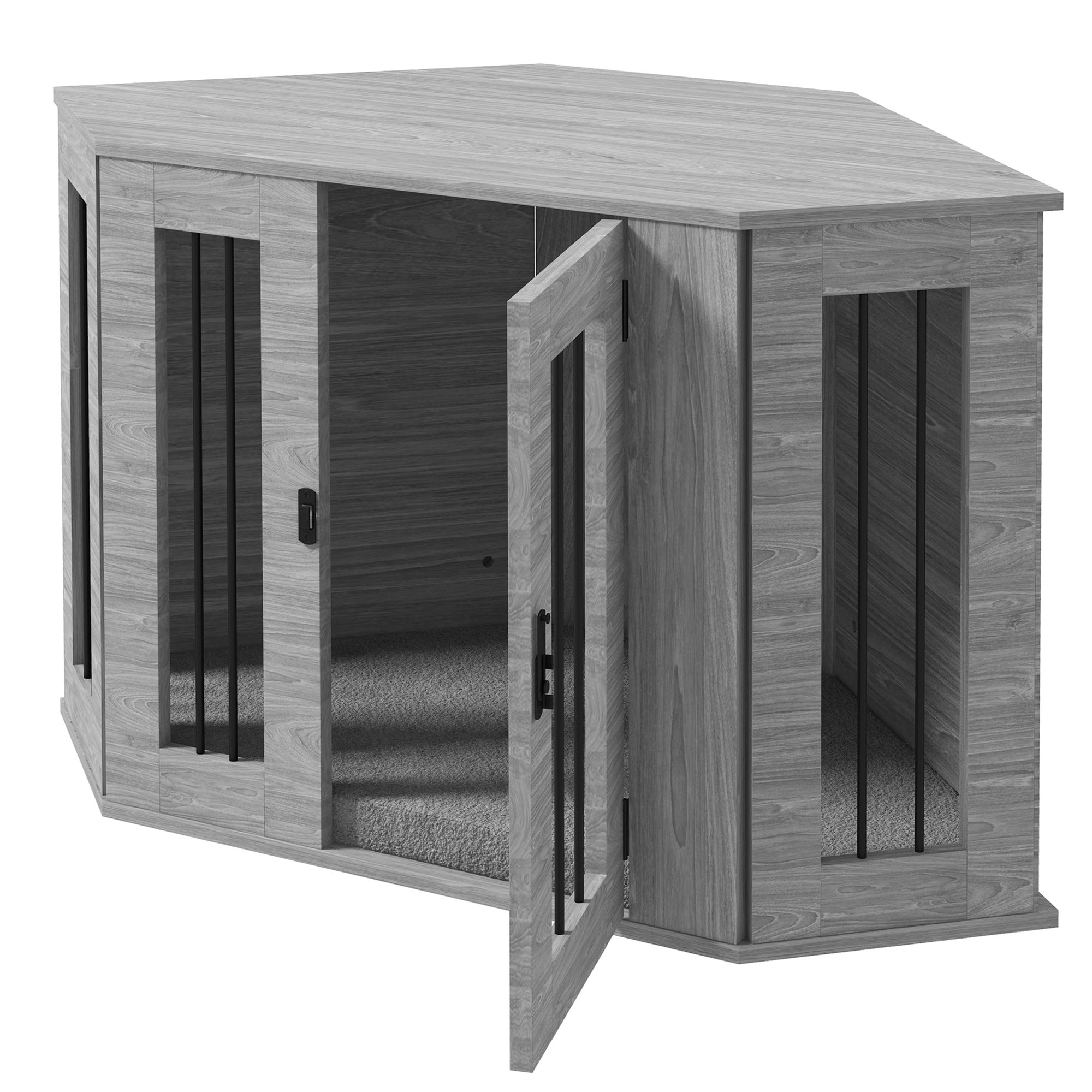 PawHut 2 in 1 Dog Crate Furniture Side Table, with Cushion, 104 x 55 x 63cm - Grey - North Peak Garden Furniture