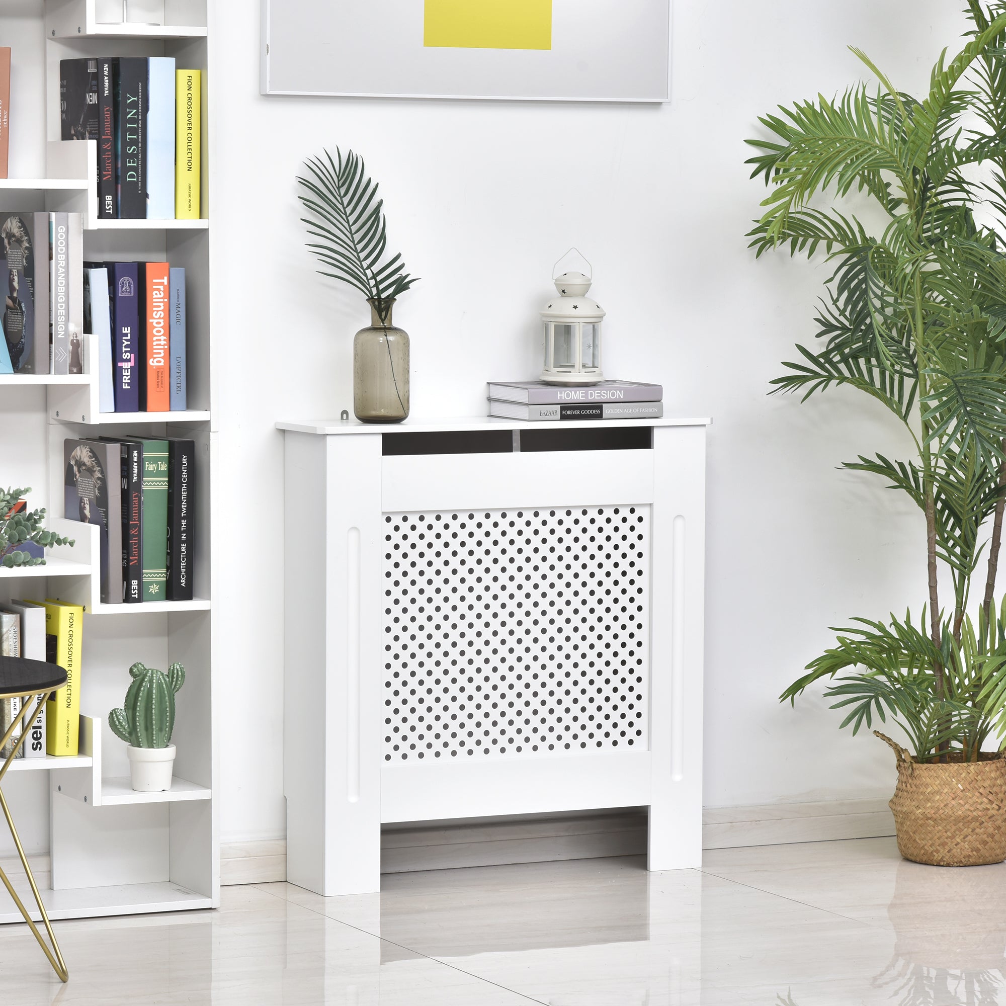 HOMCOM Wooden Radiator Cover Heating Cabinet Modern Home Furniture Grill Style  White Painted (Small)