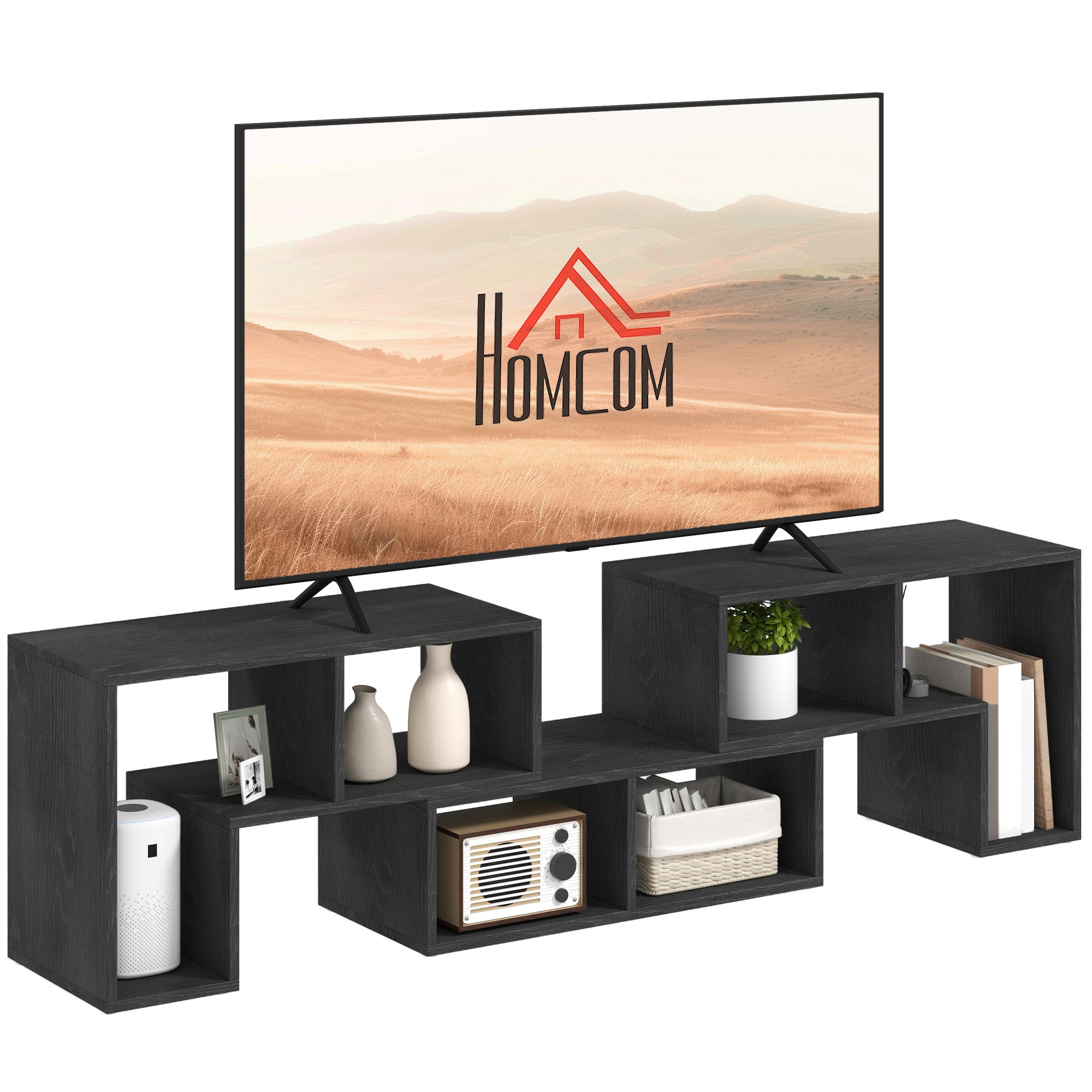HOMCOM TV Stand for TVs up to 75 Inches, Free Combination TV Unit with Storage Shelves, Extendable Entertainment Centre for Living Room, Black Wood Grain - North Peak Garden Furniture