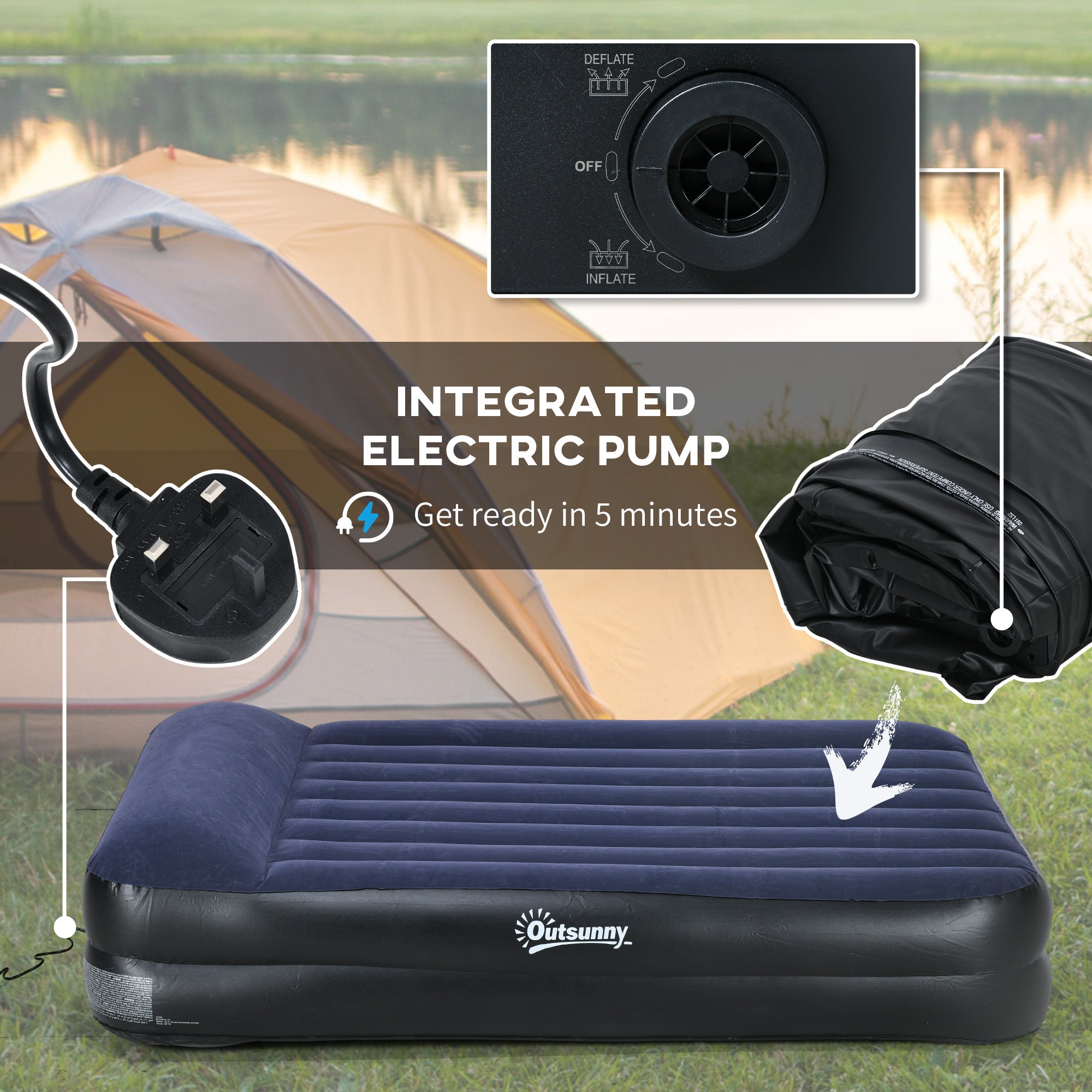Outsunny King-Size Air Bed, with Built-in Electric Pump and Carry Bag - North Peak Garden Furniture