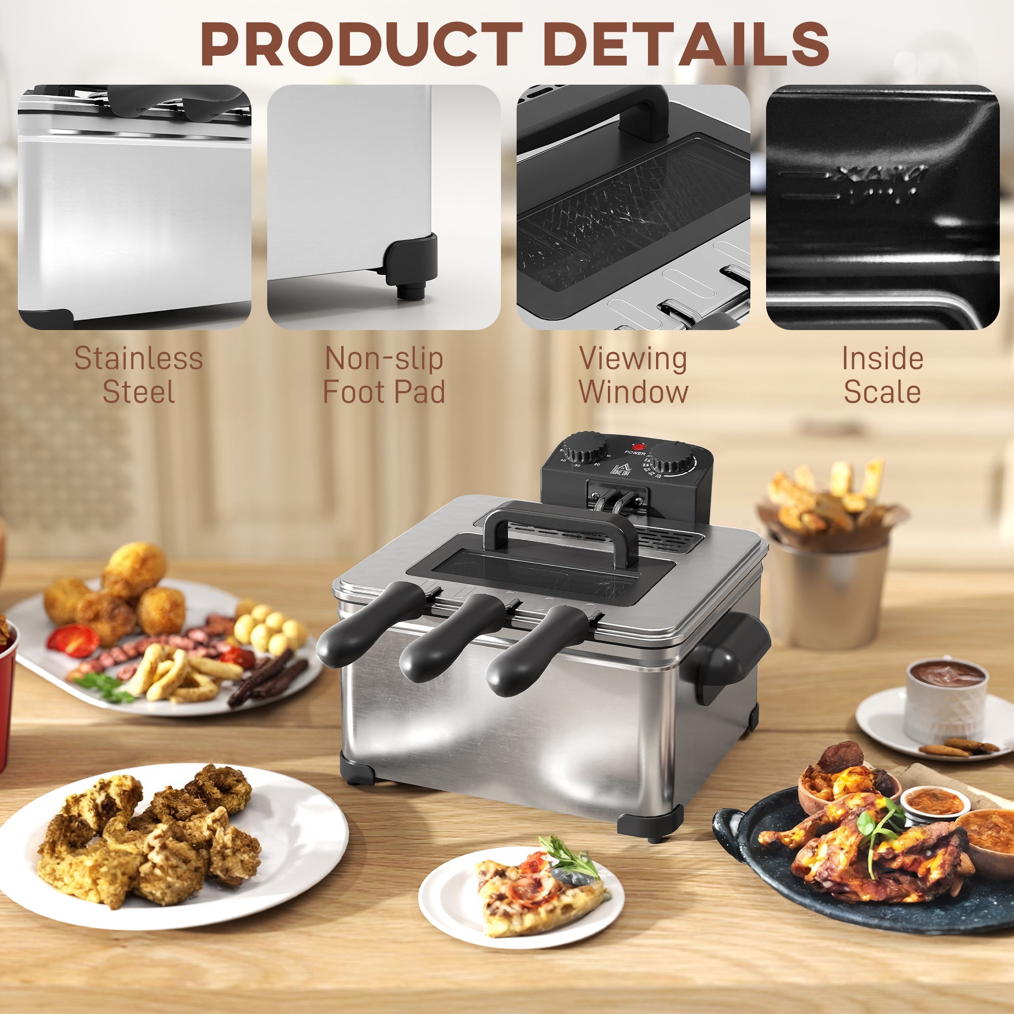 HOMCOM 5 Litre Deep Fat Fryer with Adjustable Temperature & Timer, 2000W Stainless Steel Deep Fryer with Removable Oil Basket and Viewing Window, for Chips Fried Chicken - North Peak Garden Furniture