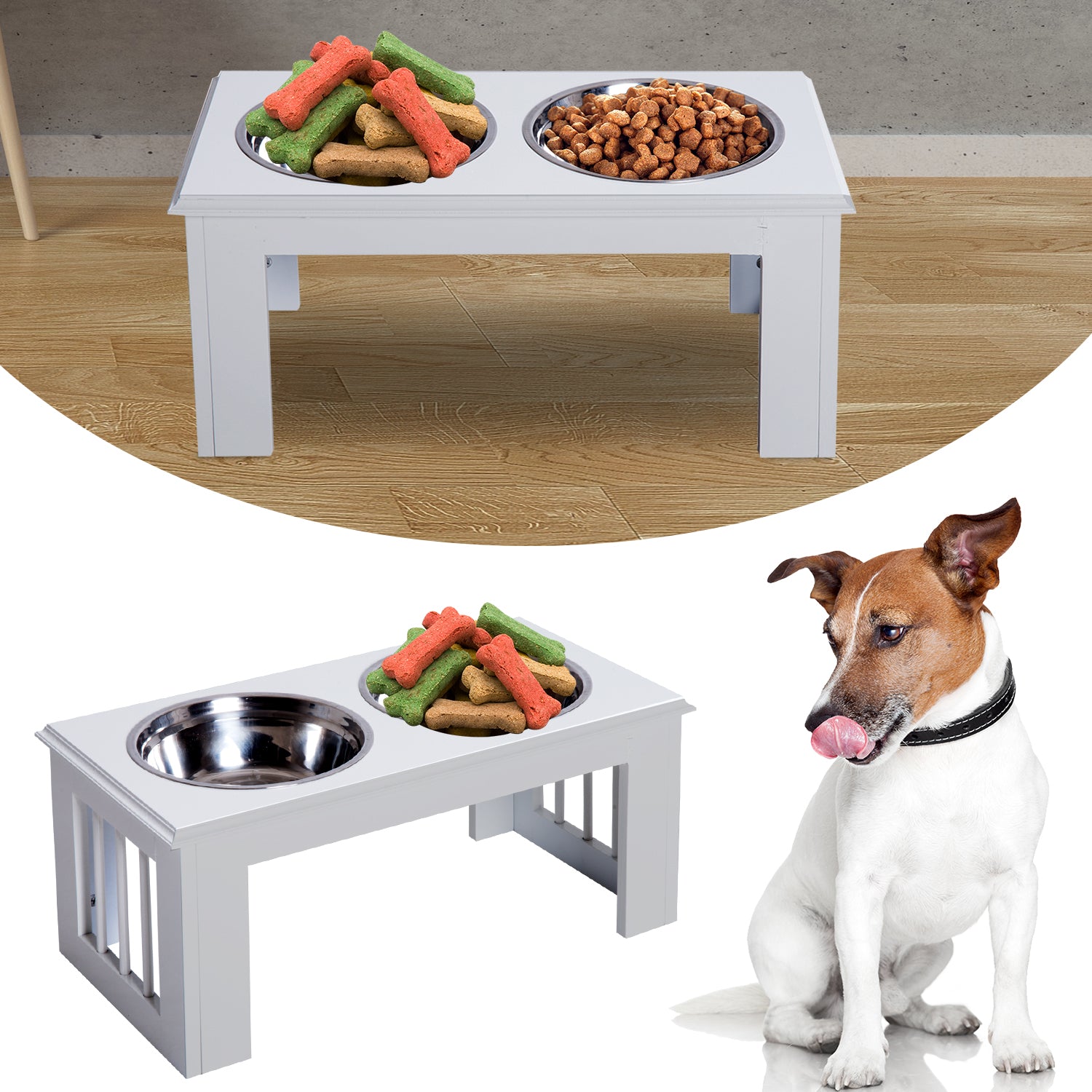 PawHut Pet Feeder, Stainless Steel, Large Capacity, Easy Clean, White, 58.4Lx30.5Wx25.4H cm