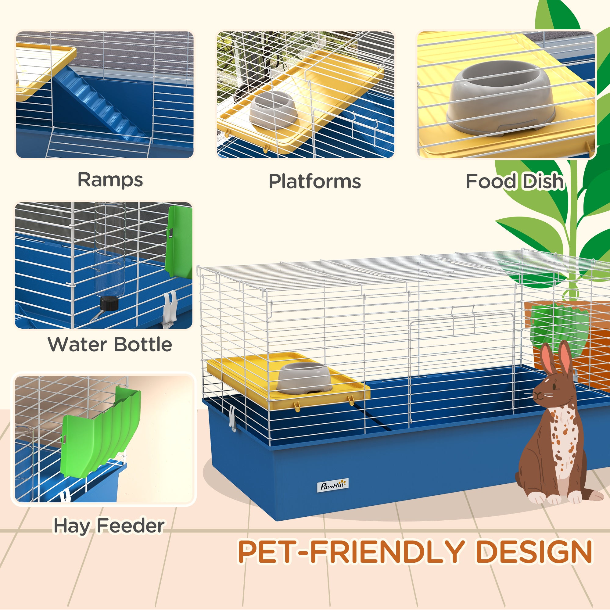 PawHut Chinchillas Small Rabbit Guinea Pig Small Animal Cage, Pet Playhouse, with Platform, Ramp, 99 x 52 x 53cm, Blue