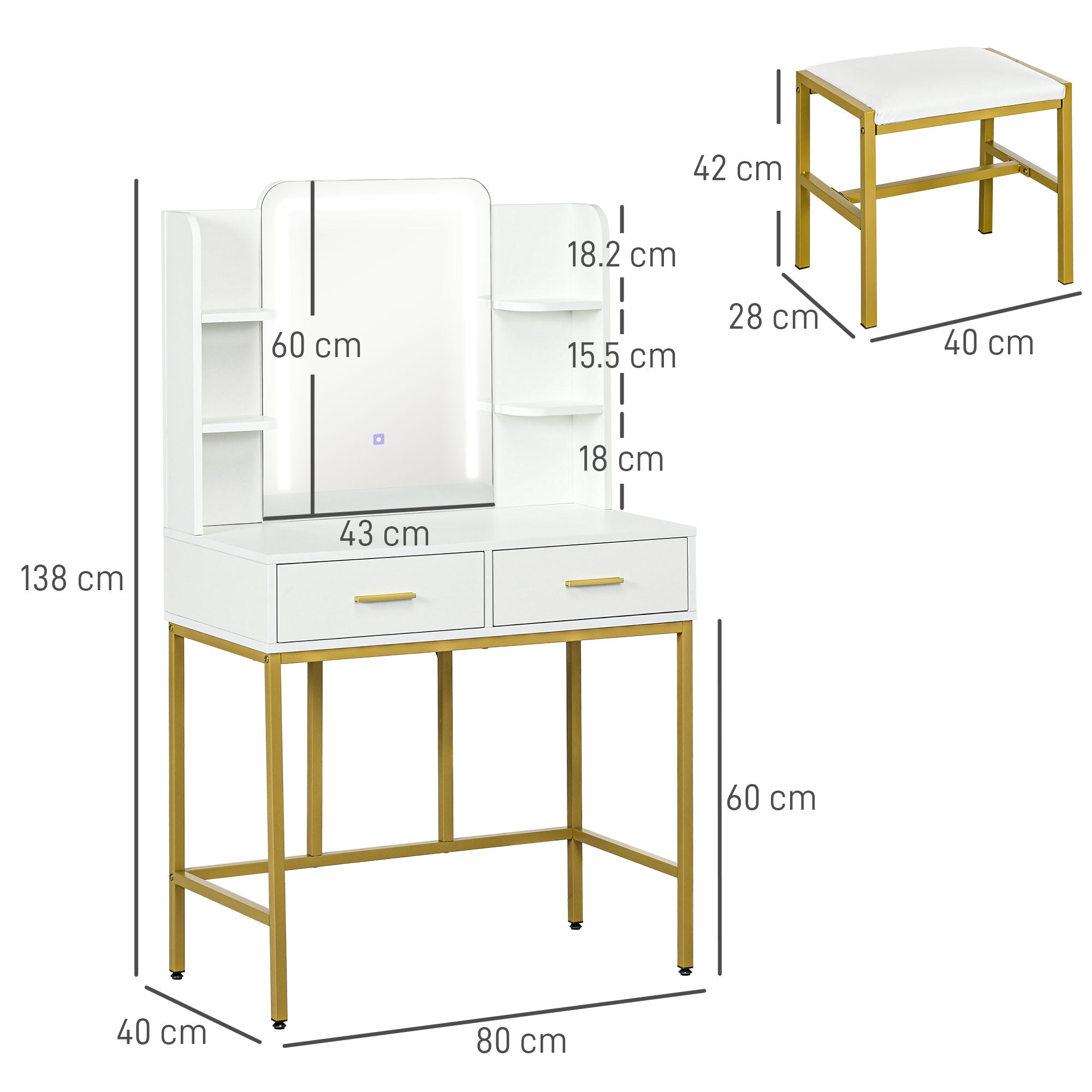 HOMCOM LED Light Dressing Table, with Stool - White - North Peak Garden Furniture