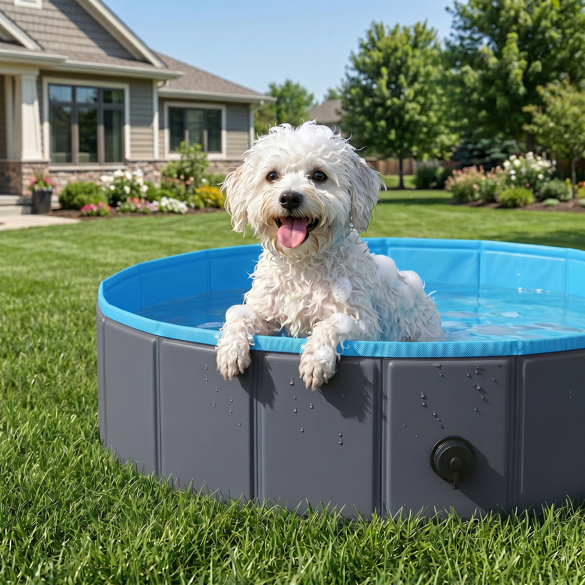 PawHut Foldable Dog Pool for Puppies and Ducks Dog Paddling Pool Bath Tub, Dark Grey, 80 x 20 cm