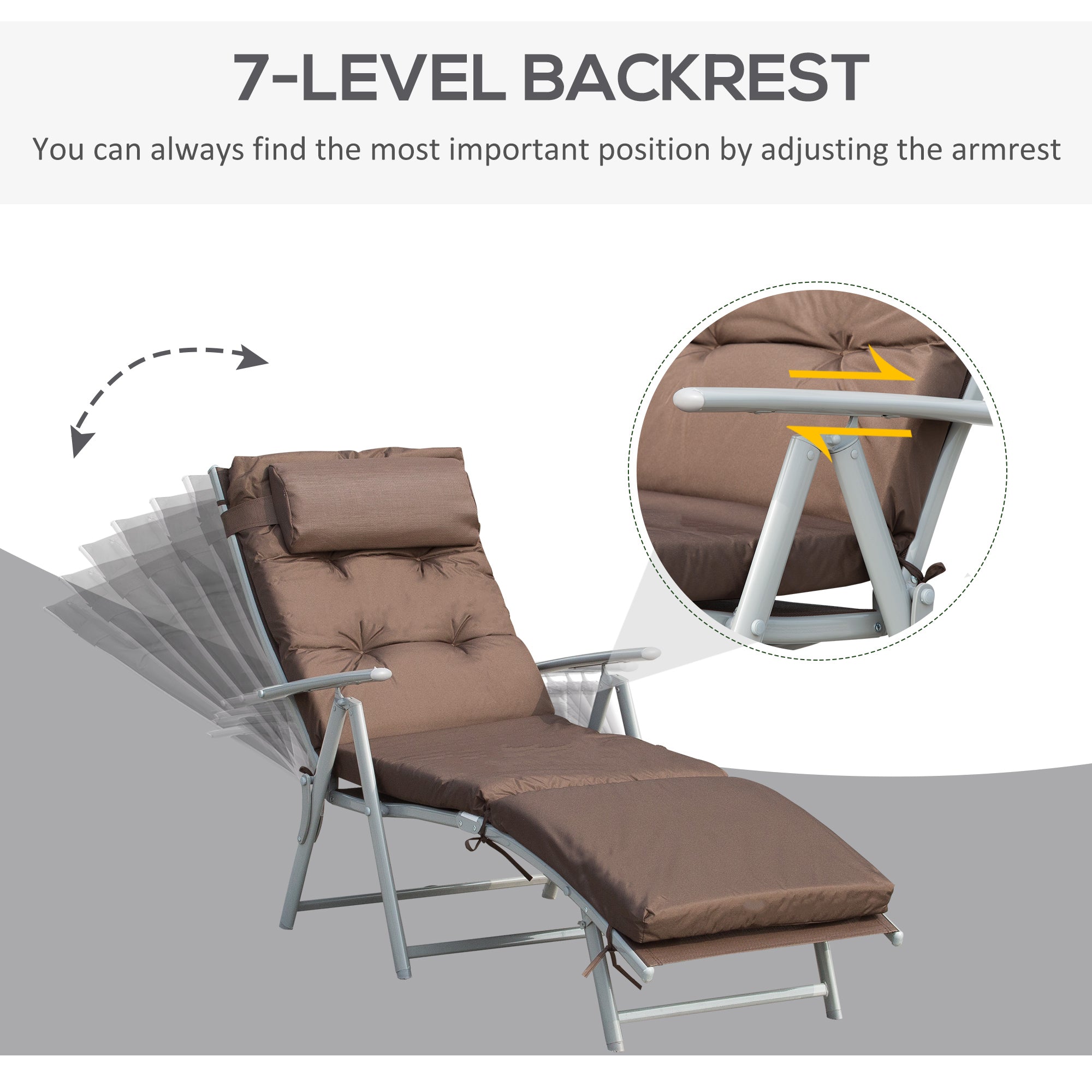 Outsunny Sun Lounger Steel Frame Outdoor Folding Chaise Texteline Lounge Chair Recliner with Headrest & 7 Levels Adjustable Backrest, Brown - North Peak Garden Furniture