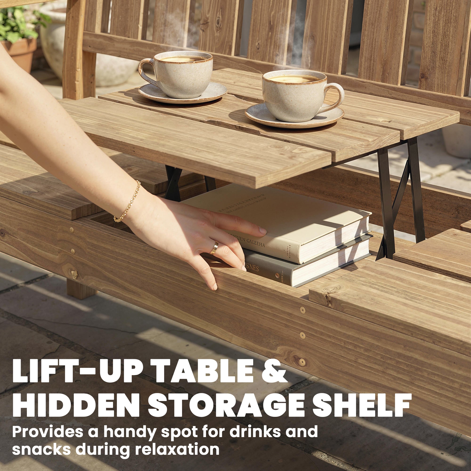 Outsunny Wooden Garden Bench with Liftable Table & Shelf, 2-3-Seater Outdoor Loveseat with Fir Wood Frame, Teak