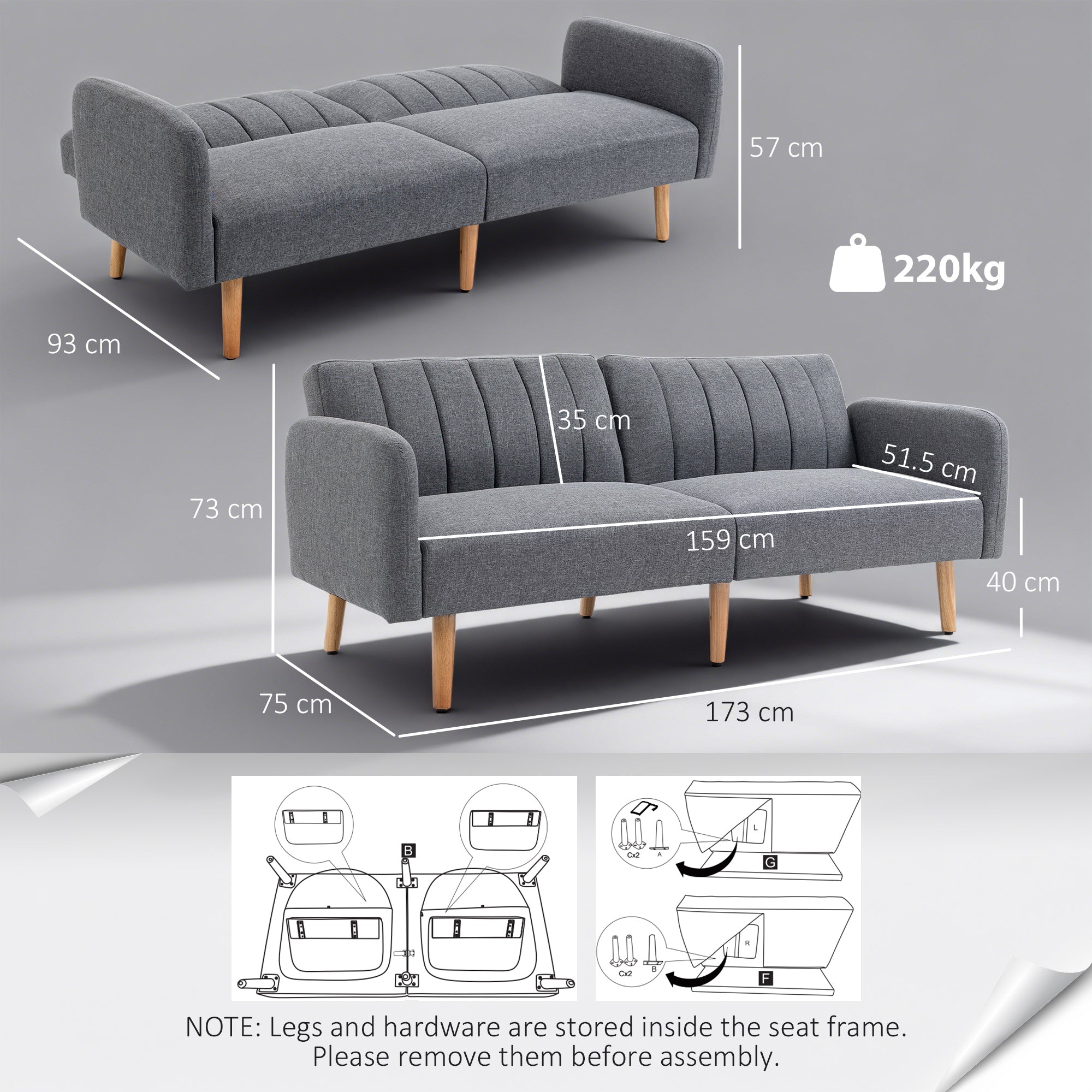 HOMCOM Two Seater Sofa Bed, Convertible Linen Fabric Sofa Couch, Click Clack Sofabed with Adjustable Split Backrest for Living Room, Bedroom, Guest Room, Grey