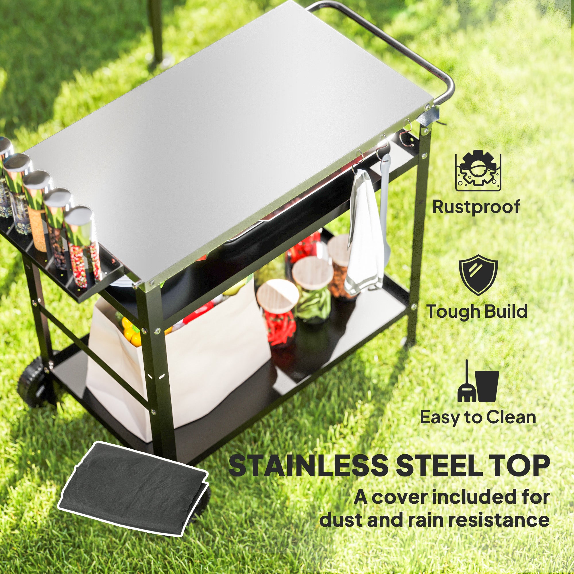 Outsunny BBQ Trolley with Stainless Steel Top Adjustable Shelf, Outdoor Kitchen Barbecue Station with Hooks Seasoning Tray Towel Rack, Pizza Oven Table Movable Grill Dining Cart with Cover, Black