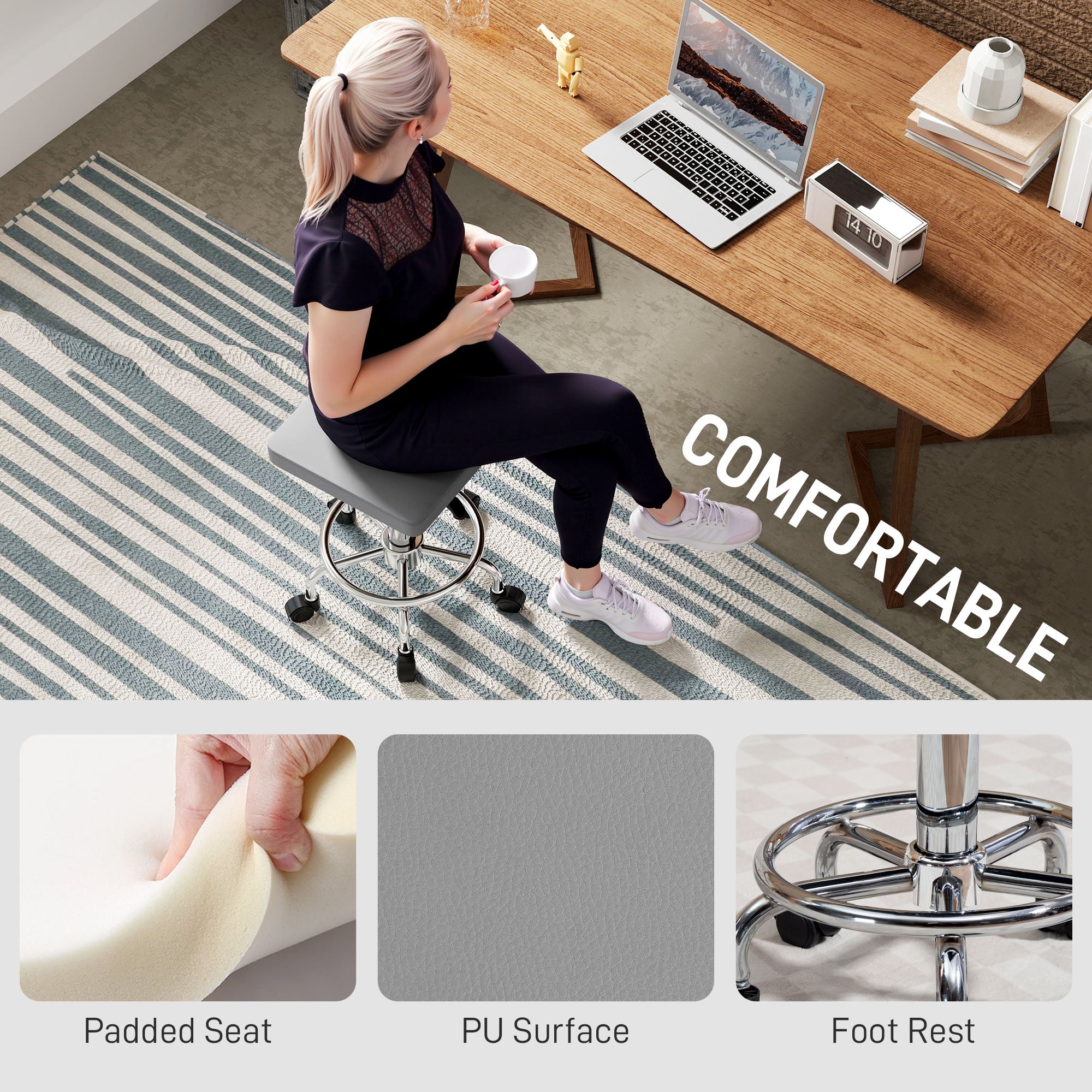 HOMCOM Adjustable PU Leather Rolling Stool - Grey - North Peak Garden Furniture