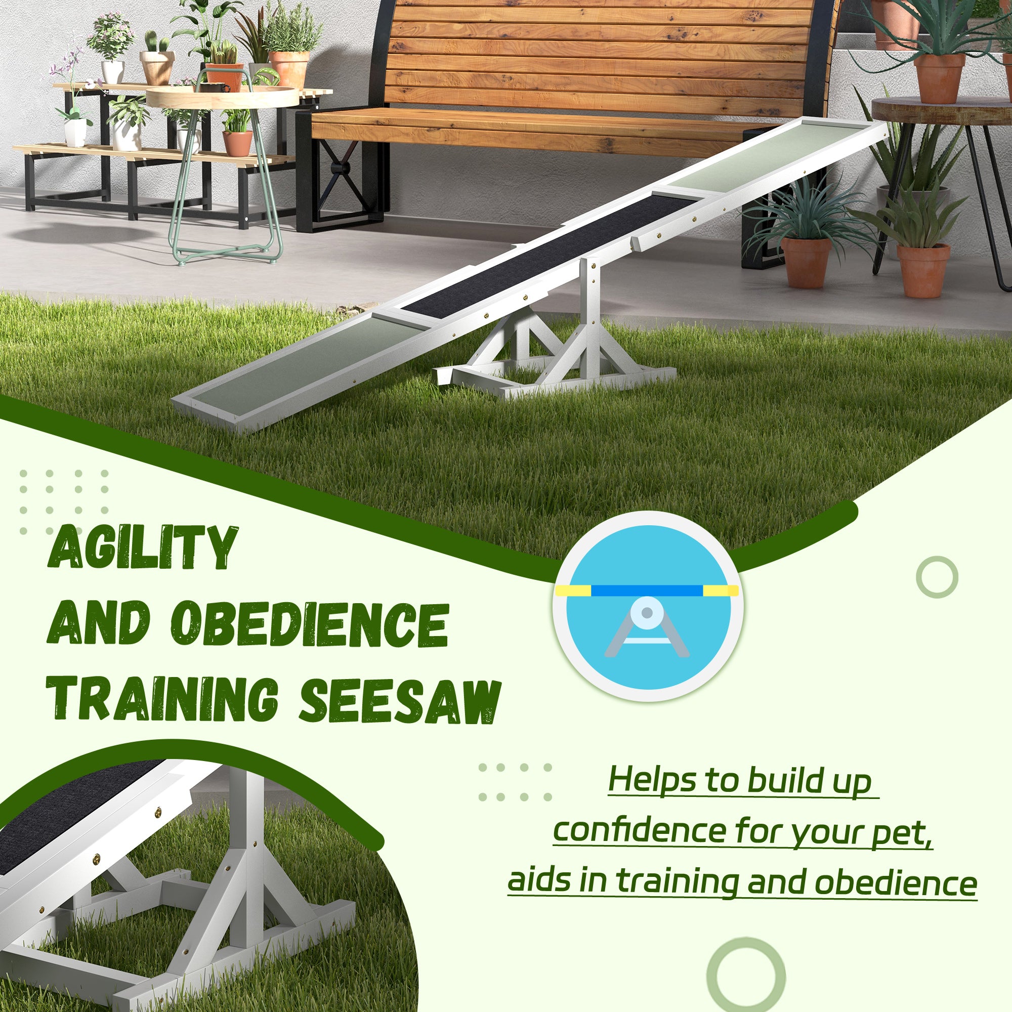 PawHut Wooden Pet Seesaw for Big Dogs, Dog Agility Equipment with Anti-Slip Surface - White - North Peak Garden Furniture